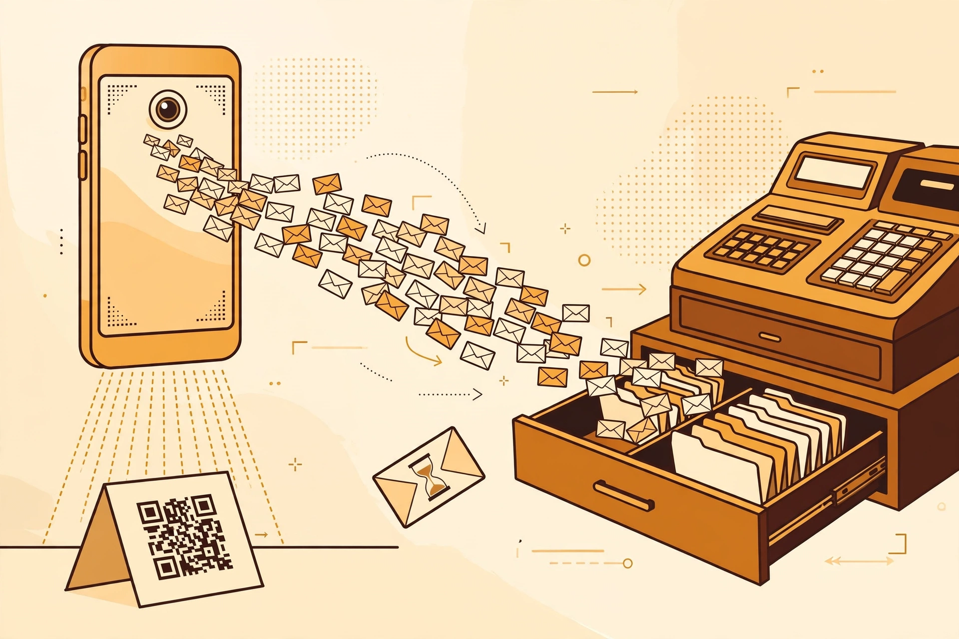 Smartphone scanning a restaurant table-tent QR code while envelopes flow into a merchant register, one disposable envelope slipping away untouched