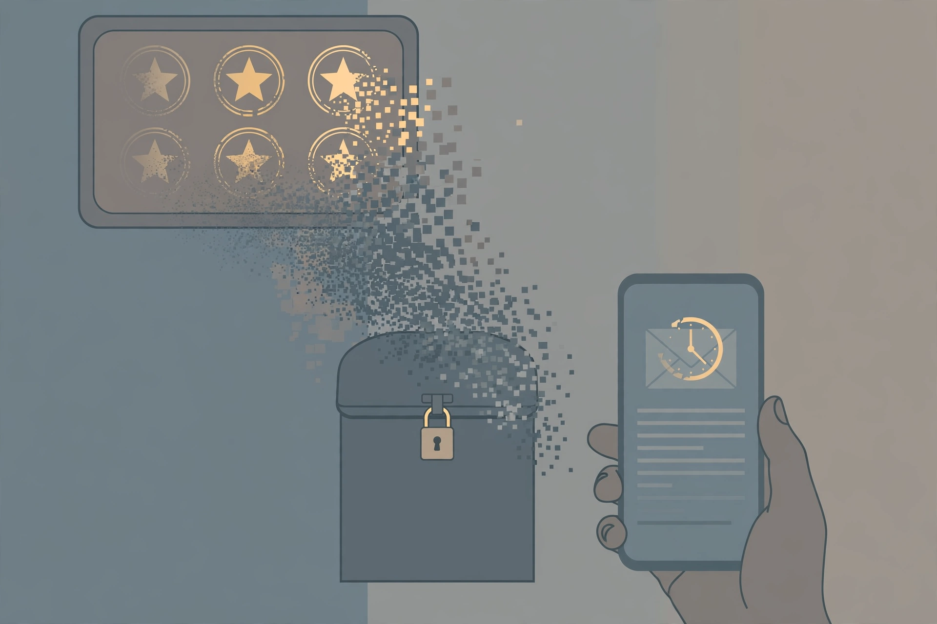 A loyalty points card dissolving into pixels above a padlocked dead mailbox, illustrating points lost when a temp inbox expires