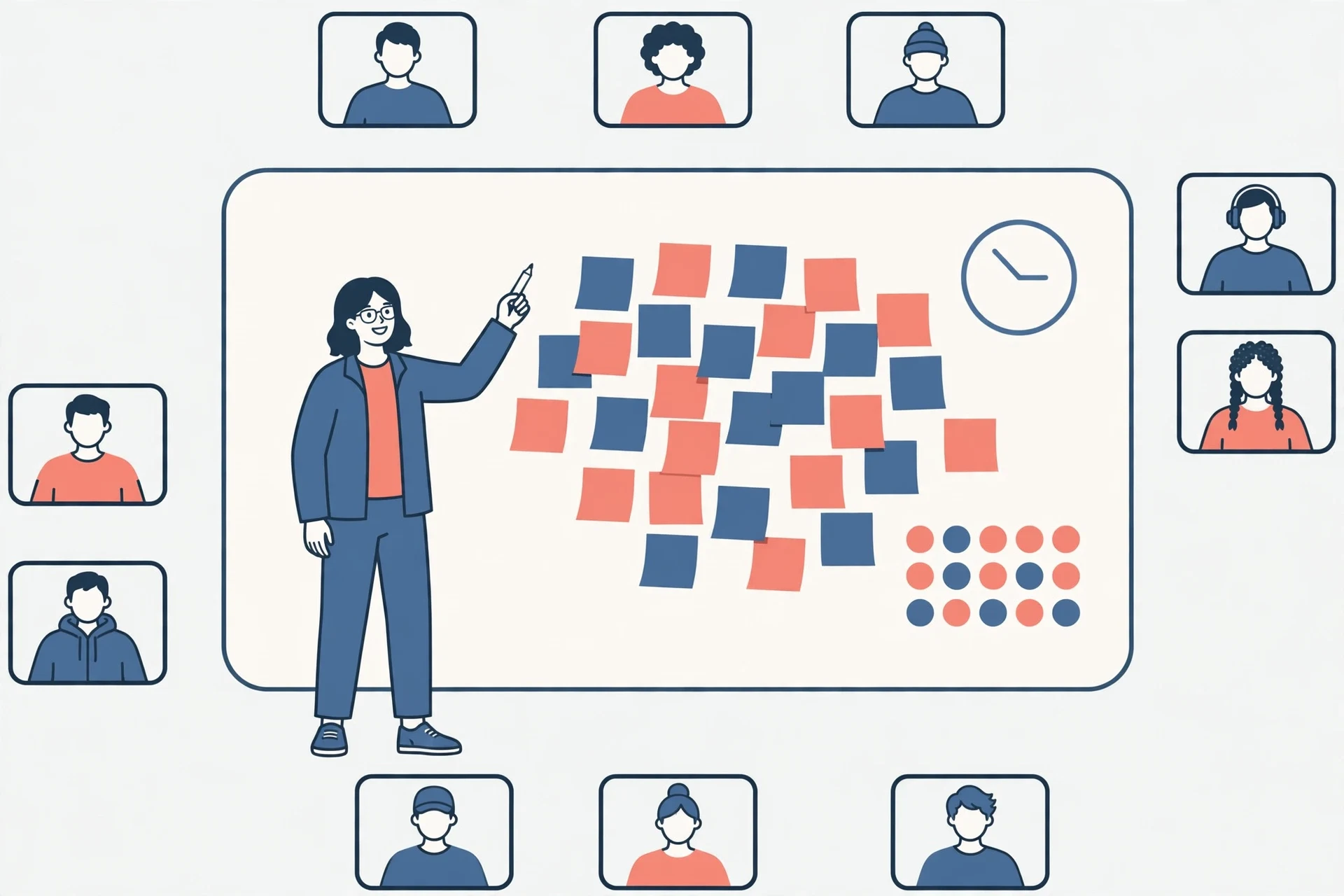 Workshop facilitator at a whiteboard covered with sticky notes, with remote participants in video tiles around the board