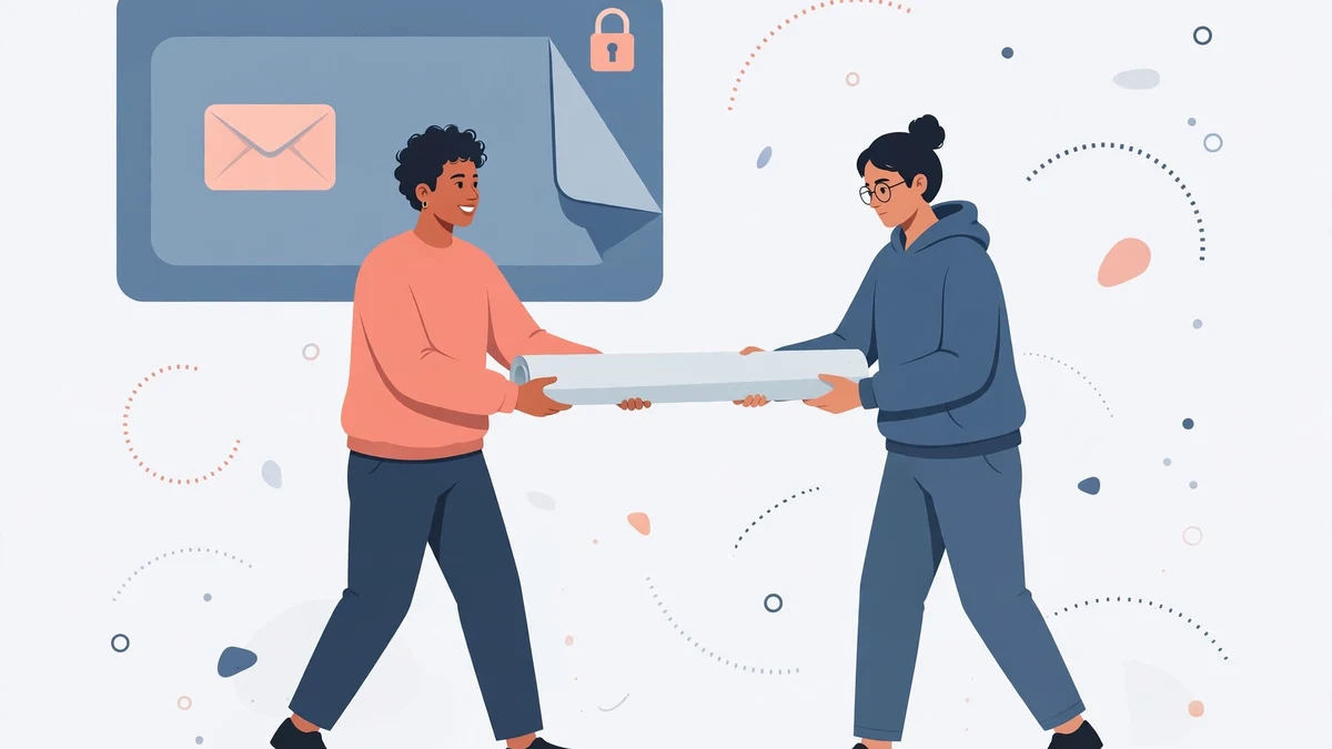 Two people passing a rolled-up whiteboard canvas between them, with a closing email inbox and padlock behind