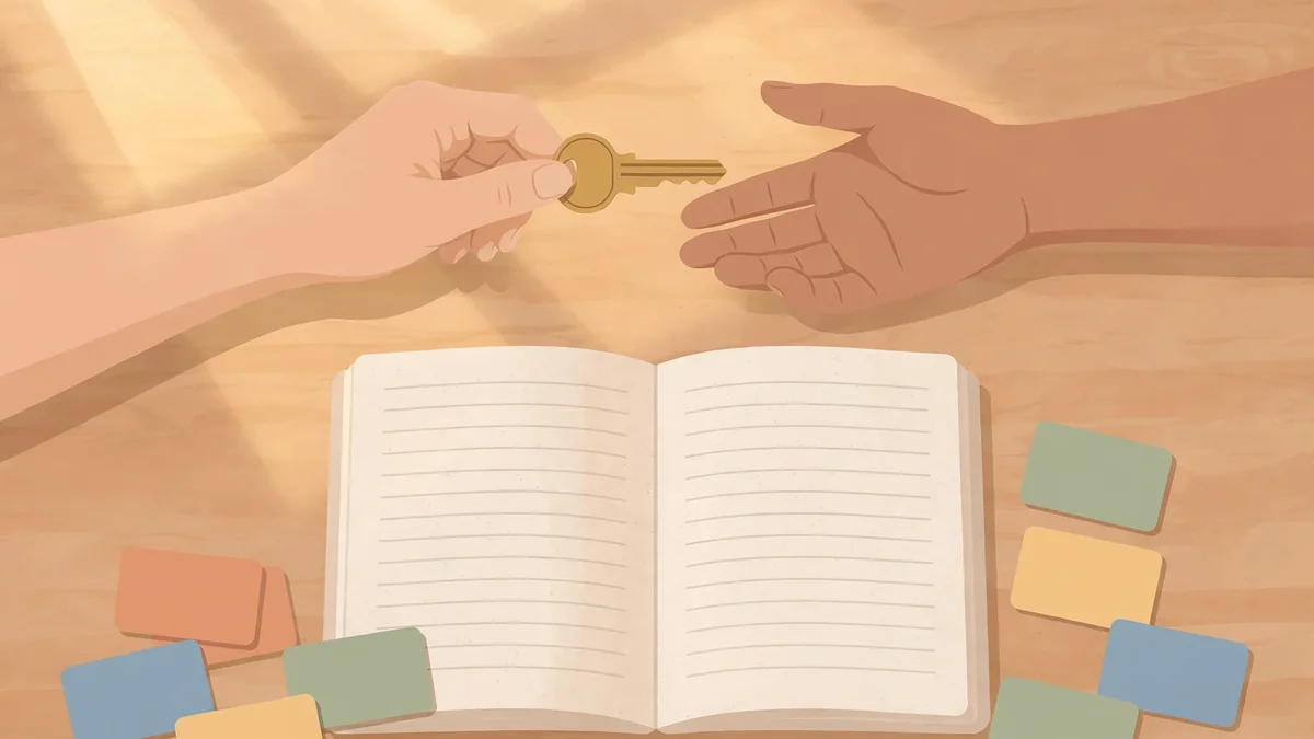 Two hands passing a single key across a desk above an open planner, the handover of a board account to a real address before the temporary inbox expires