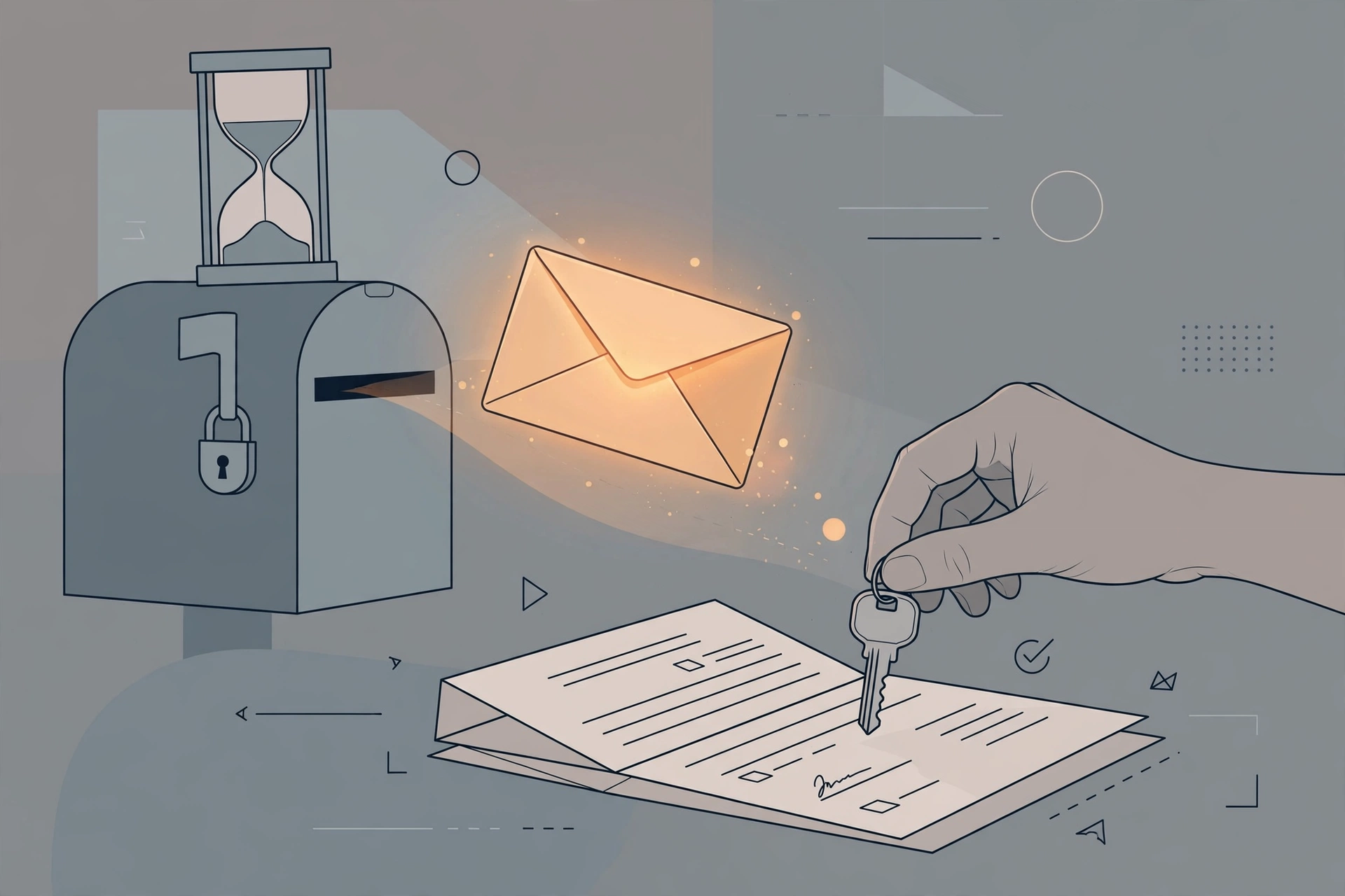 A hand placing a real house key on a signed moving contract beside a padlocked dead mailbox, with an ignored envelope floating away
