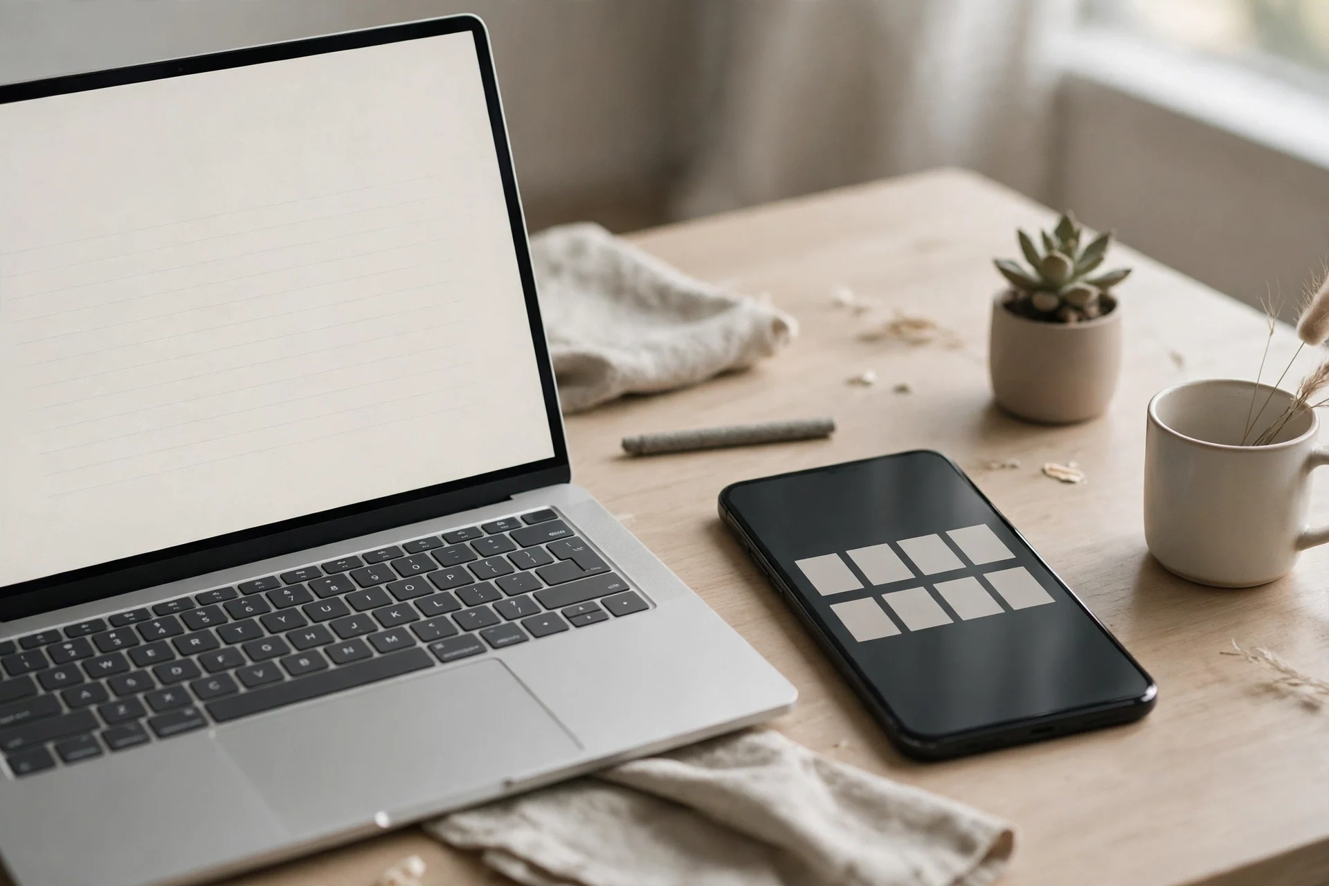 A laptop showing a blank note page beside a phone displaying a short login code