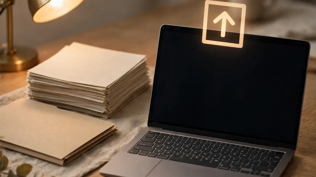 A stack of paper notes and a folder beside a laptop with an export arrow