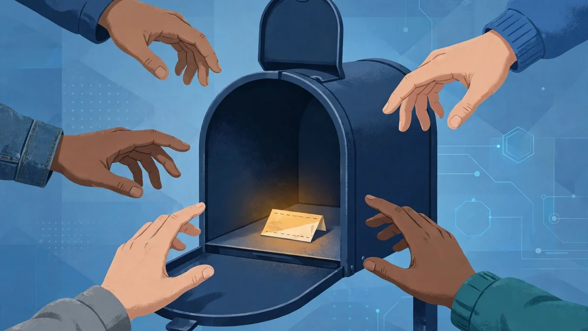 Several hands reaching for a single verification code in a shared mailbox