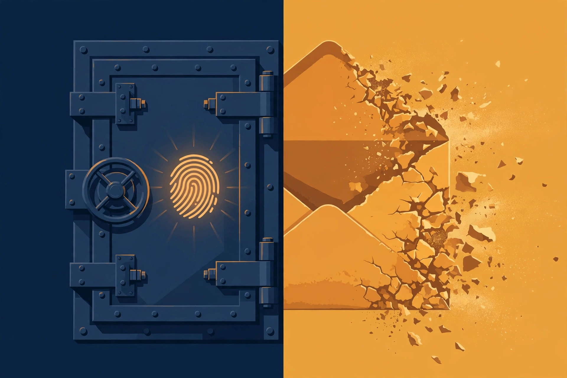 A passkey-secured vault next to a dissolving disposable envelope — lose the recovery email and the account becomes unrecoverable.