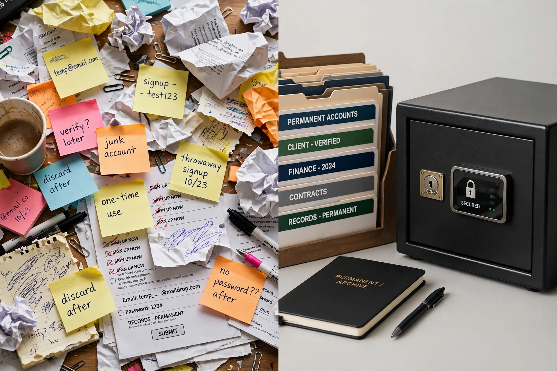 Split image contrasting chaotic throwaway signups with organized permanent accounts in a locked safe