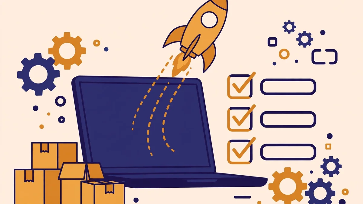 A laptop launching a new website with a rocket and setup checklist