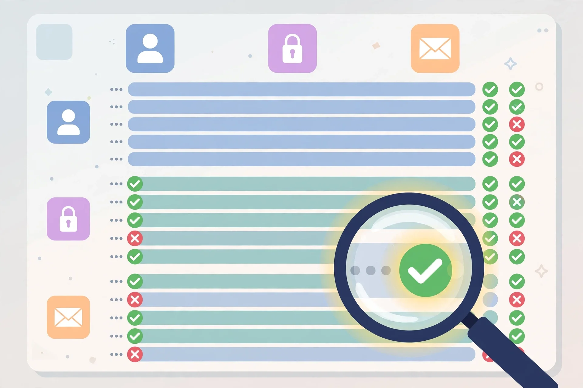 A QA test matrix board with signup, reset, and rendering cases marked pass or fail