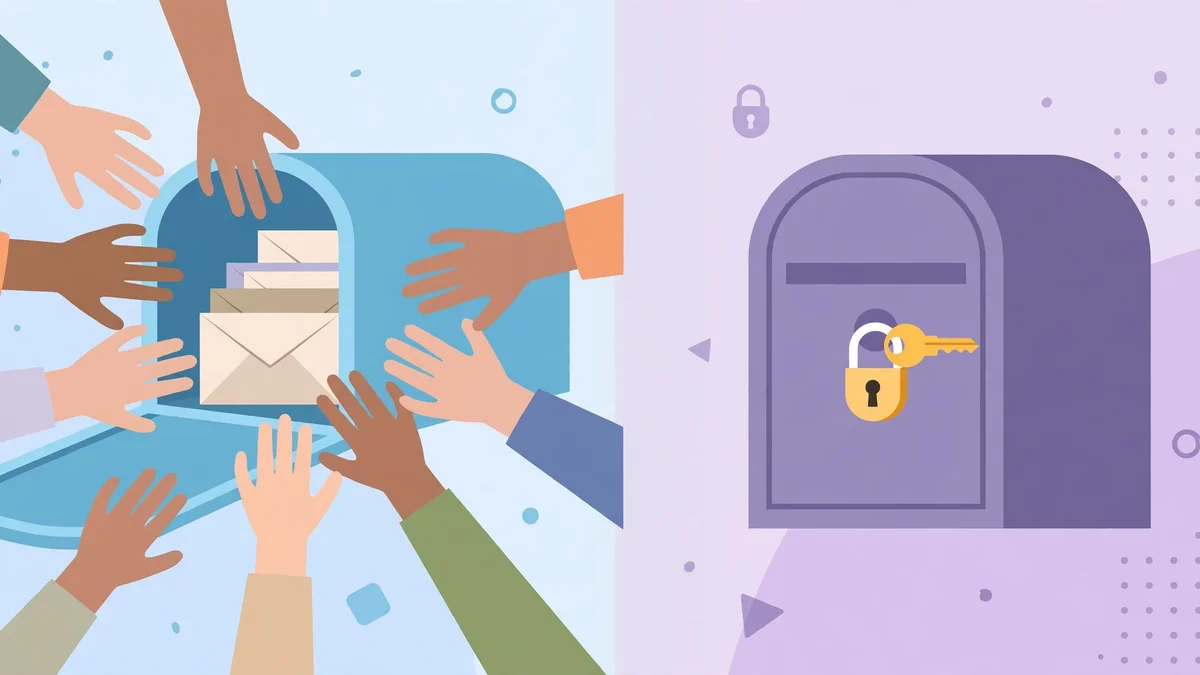 An open shared mailbox beside a locked private mailbox, contrasting public and private temp inboxes