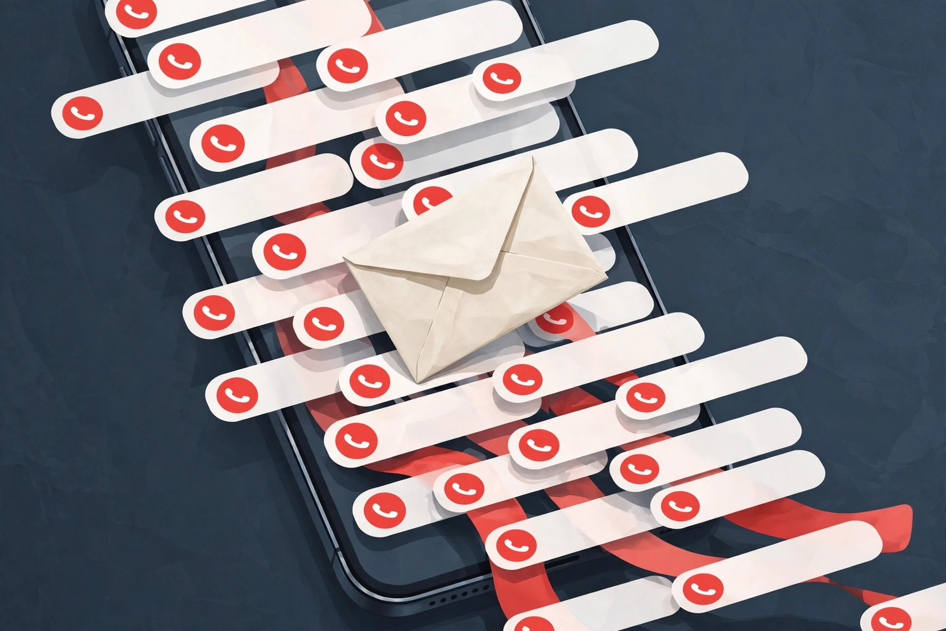 A smartphone screen overflowing with incoming call notifications and red missed-call badges, an email envelope caught in the middle of the cascade