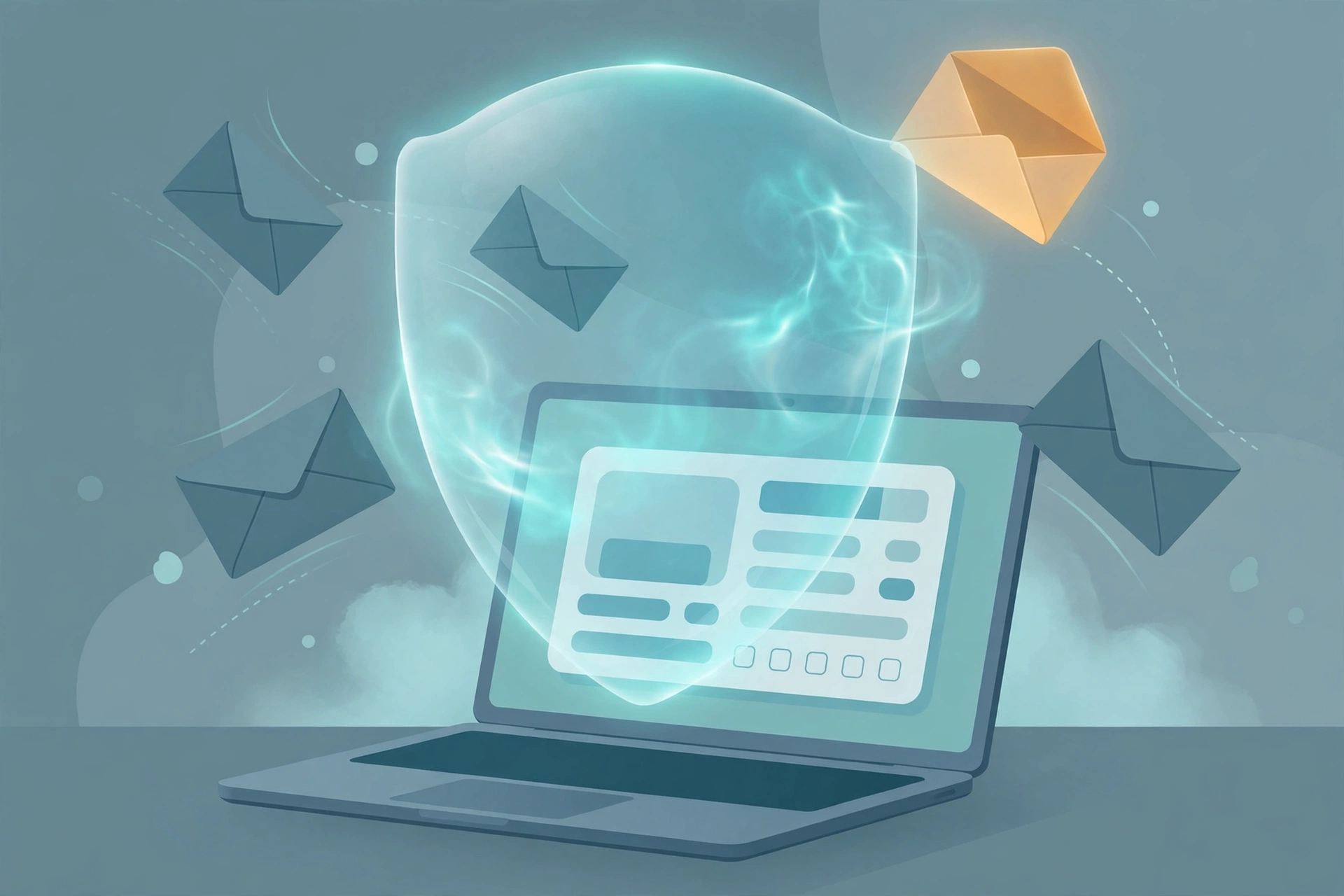A ghost-like translucent shield hovering over an online insurance quote form on a laptop, with envelopes bouncing off the shield