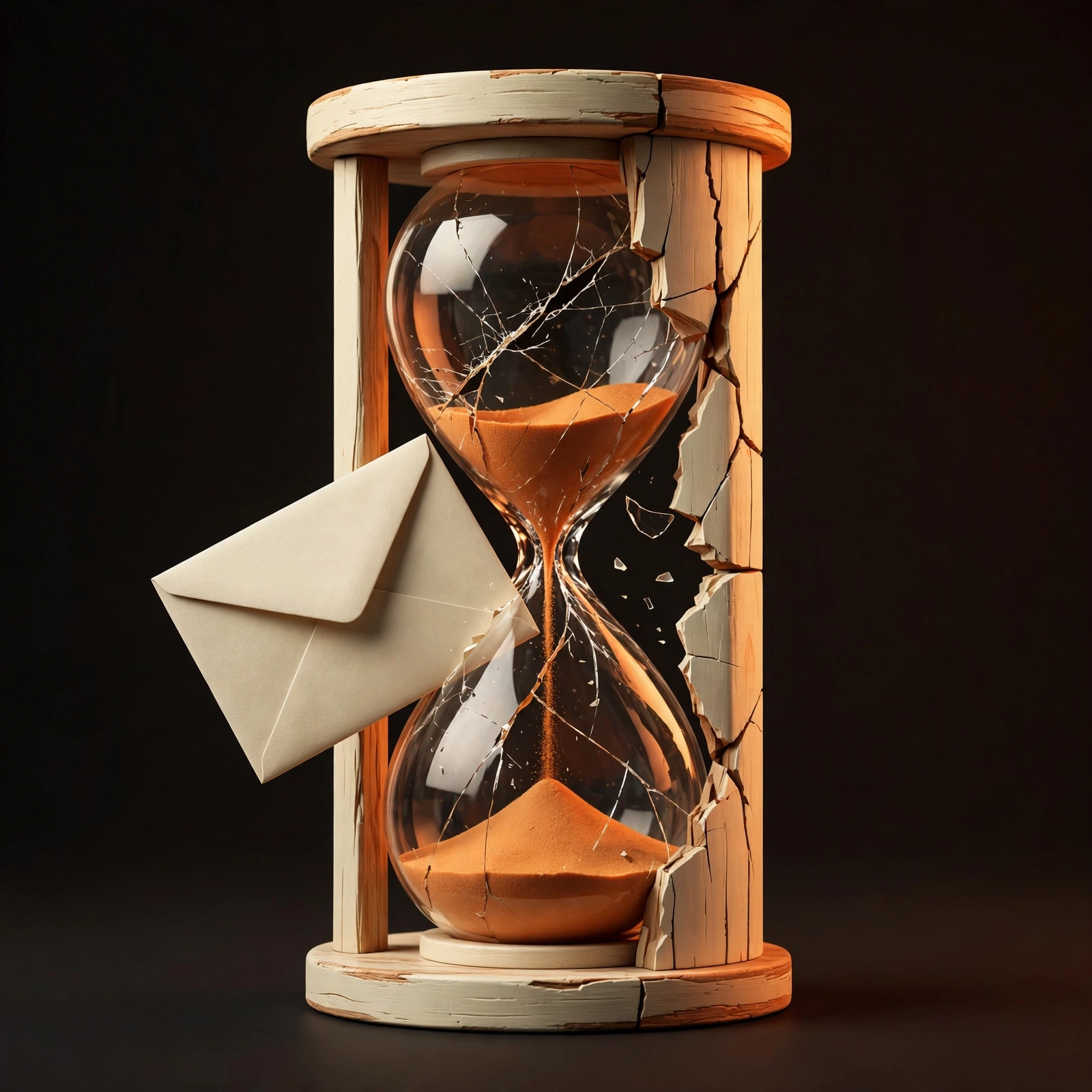Cracked hourglass symbolizing timed temp mail inbox failure