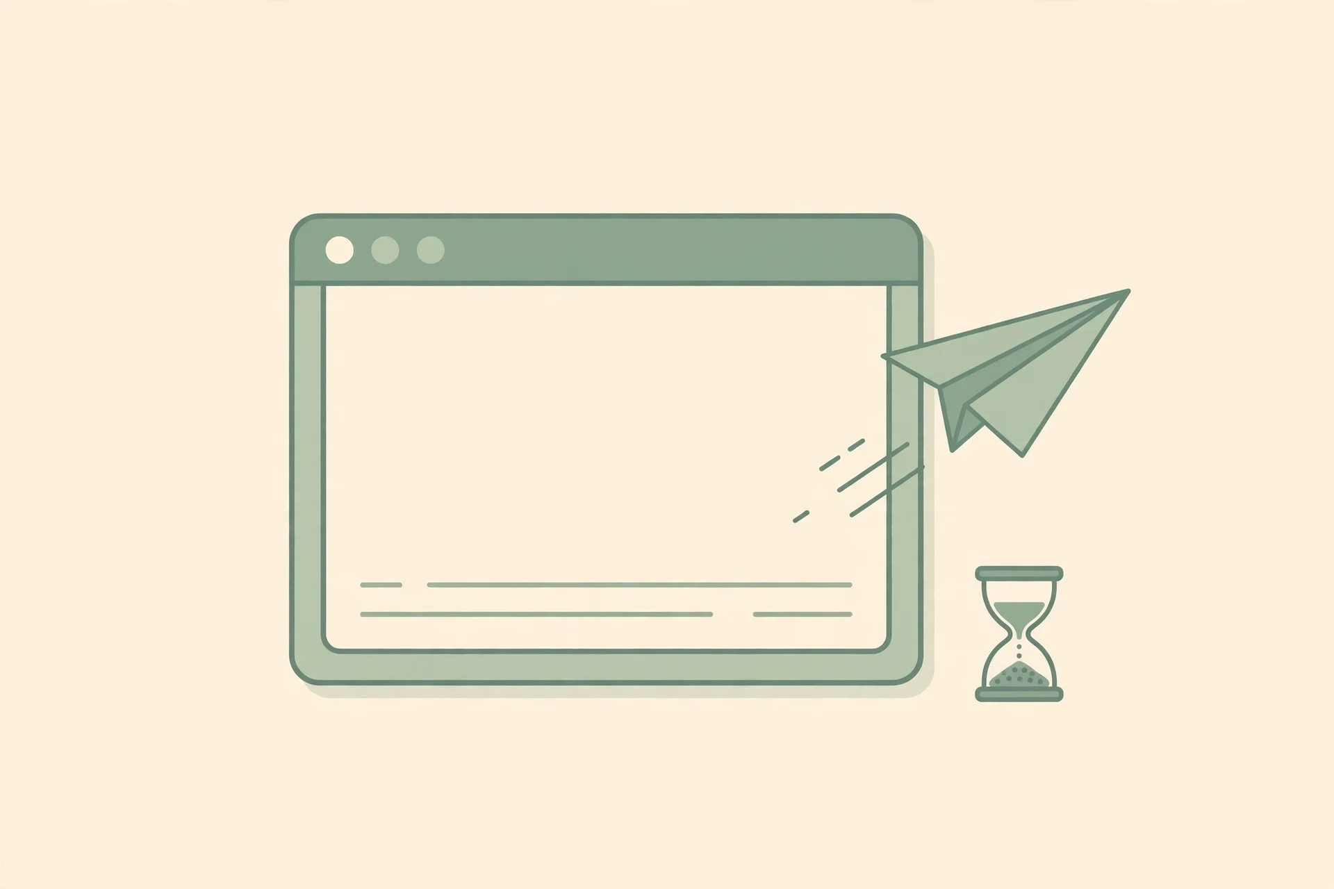 Retro email compose window with a paper plane leaving it and an hourglass beside it, illustrating Guerrilla Mail's rare send feature