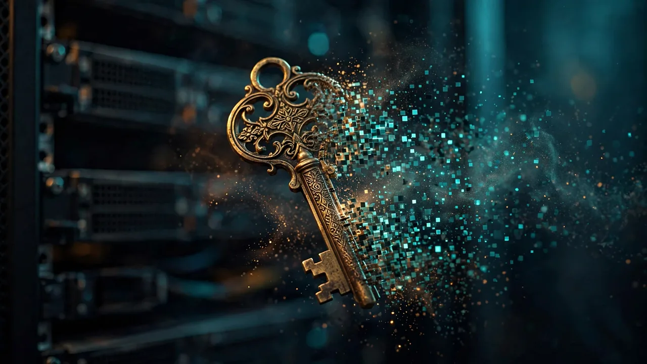 A brass key dissolving into pixels before a dead server rack — a recovery key cannot reopen an inbox on a shut-down service
