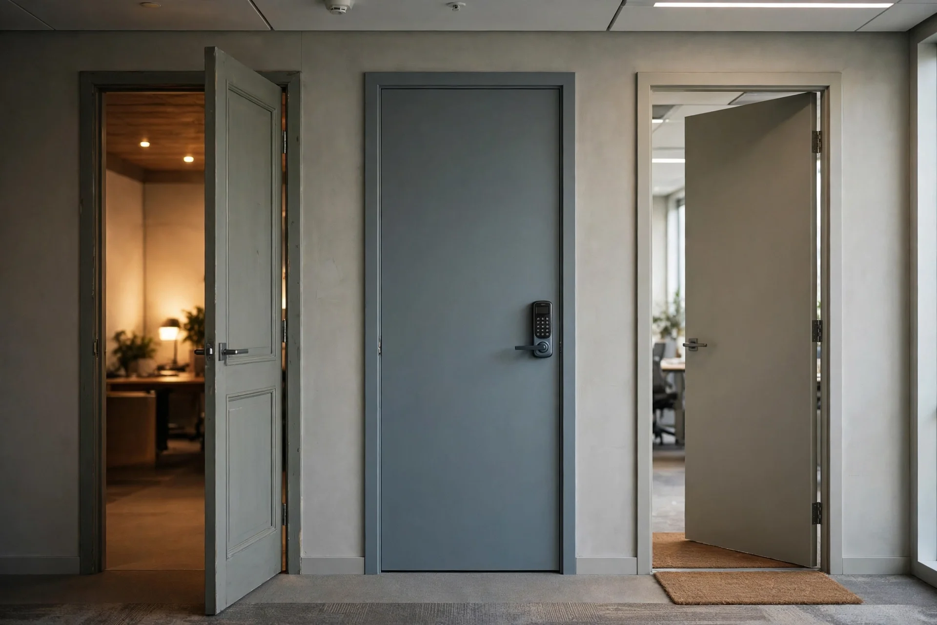 Three doors into a workspace — an open invite, a locked company domain, and a half-open community link — each with different rules for a temporary email.