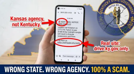 Kentucky Transportation Cabinet Scam: "KDOT" and "DMV" Are Dead Giveaways