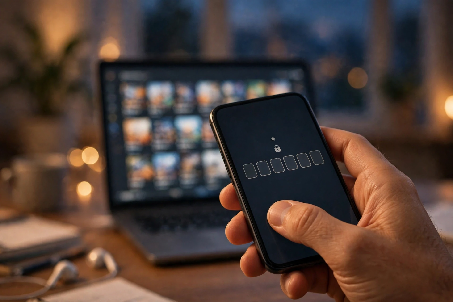 A phone showing a code-entry screen in front of a laptop — every new machine Steam meets asks the email address on file to vouch for it