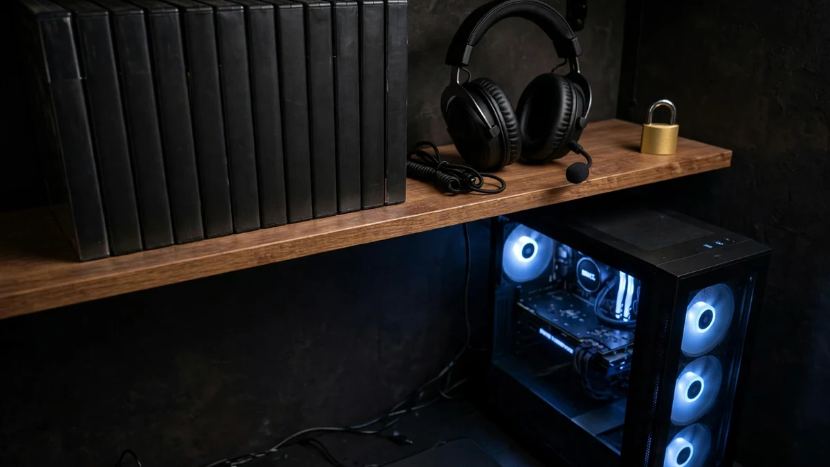 A shelf of game cases, a headset, and a padlock — the day a Steam account holds something worth keeping, the address behind it has to be permanent