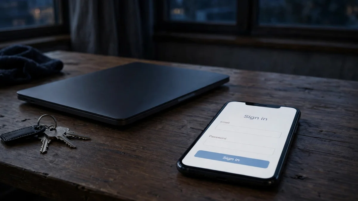 A blank sign-in screen beside a closed laptop — when the inbox behind a Microsoft account expires, recovery gets much harder than on most platforms
