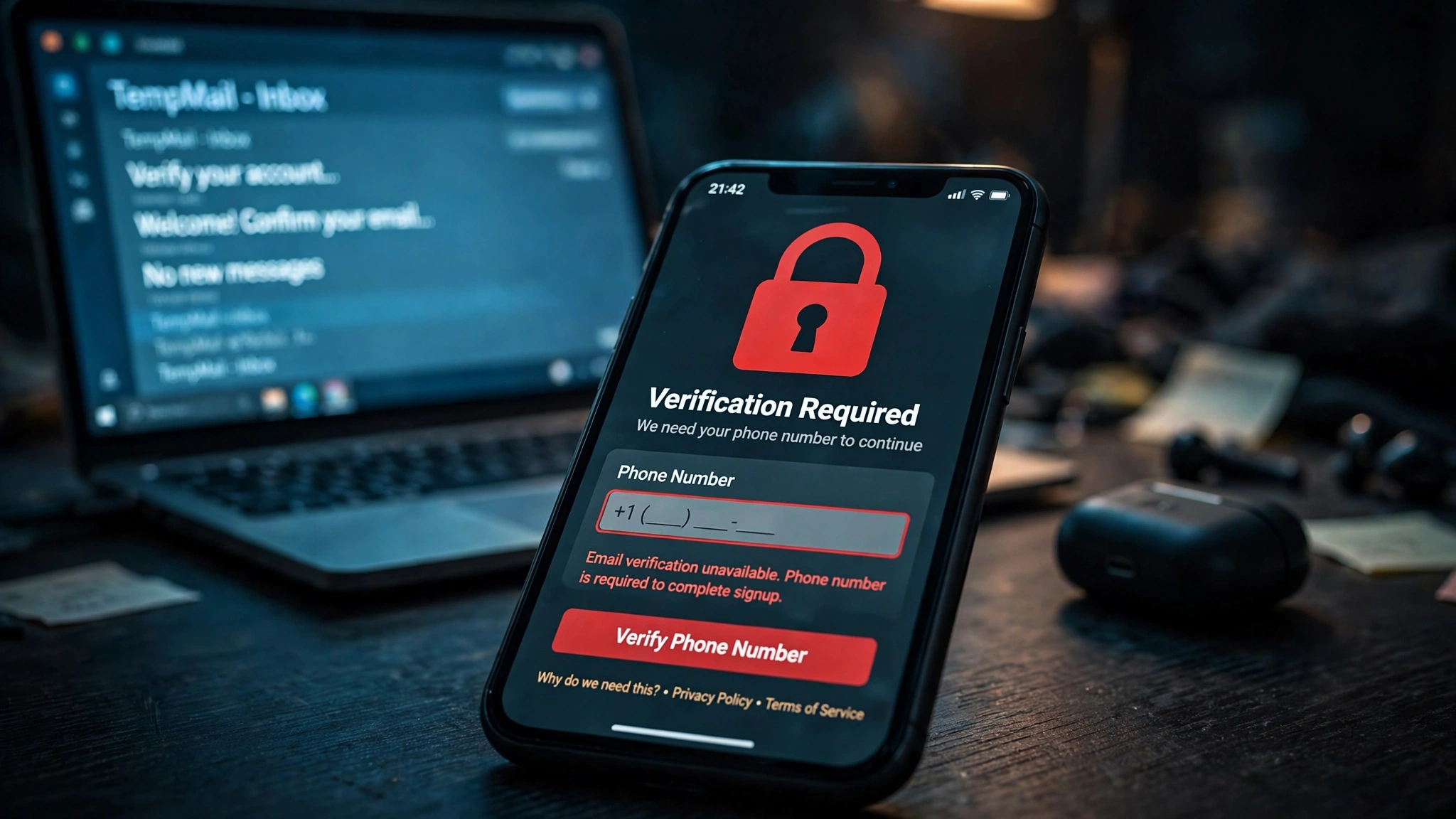 A phone verification screen blocking an AI tool signup while a temp inbox glows in the background