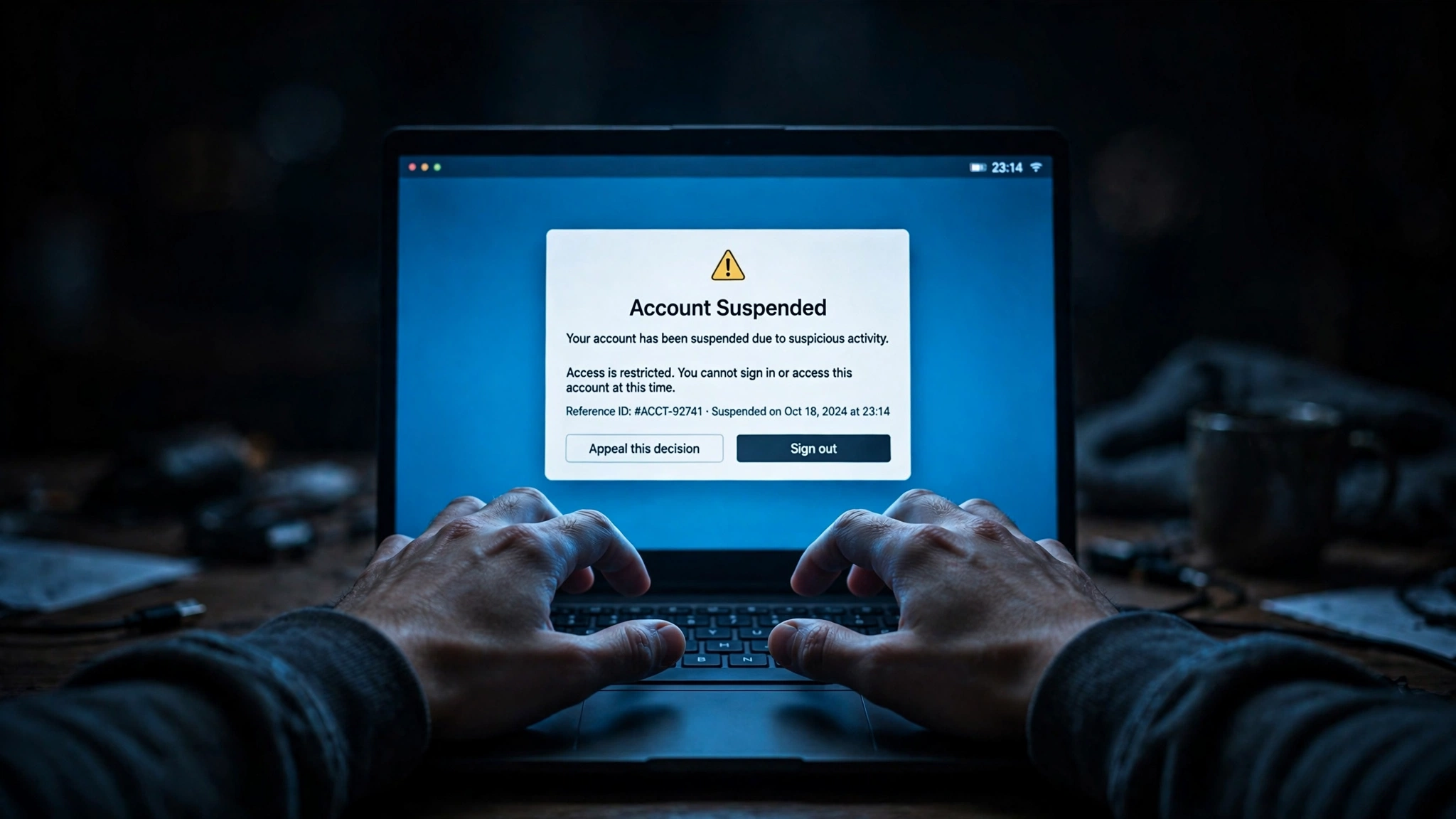 An account suspended notice on a laptop with hands frozen over the keyboard