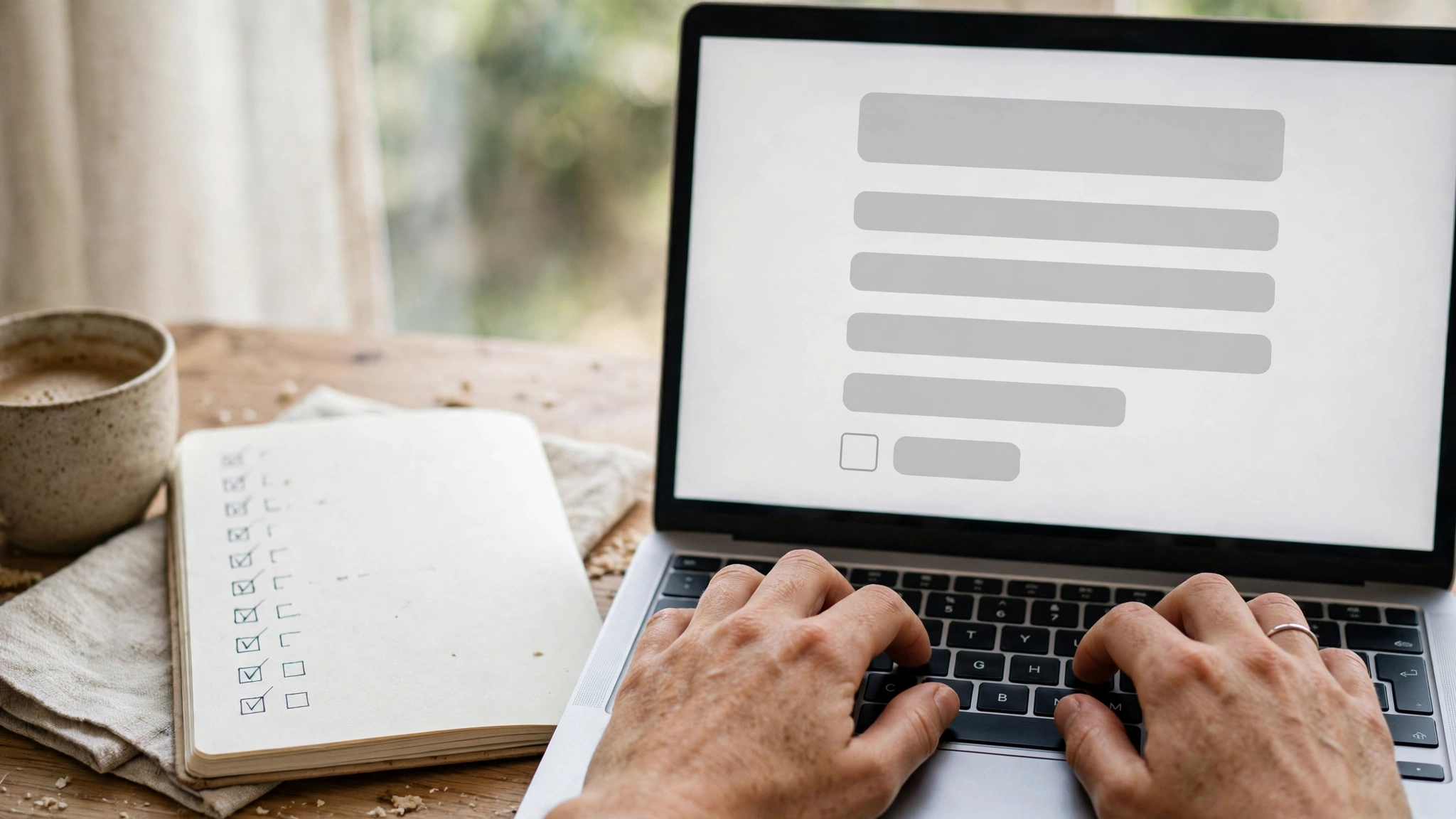 Hands typing on a laptop at a generic signup form beside a handwritten checklist