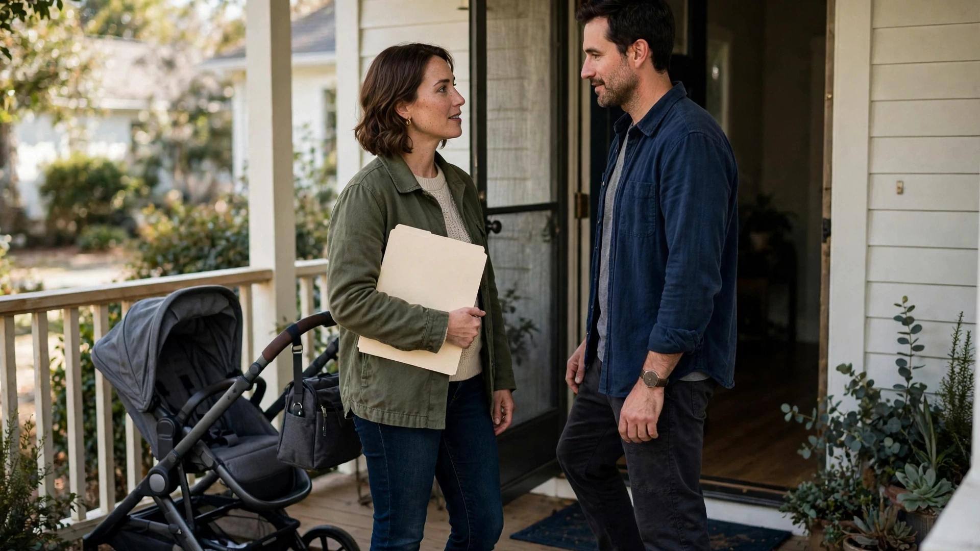 Two adults talking at a front porch doorway, one holding a folder, a stroller parked nearby