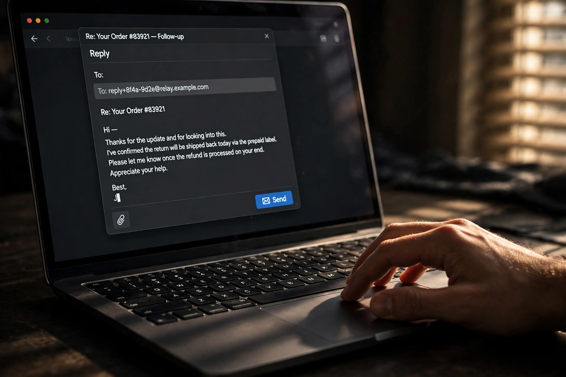 A buyer about to send an email reply to an anonymized marketplace relay address from their real inbox
