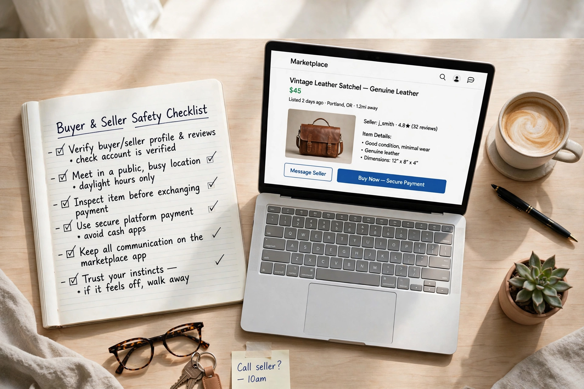 A handwritten buyer and seller safety checklist beside a laptop showing a marketplace listing
