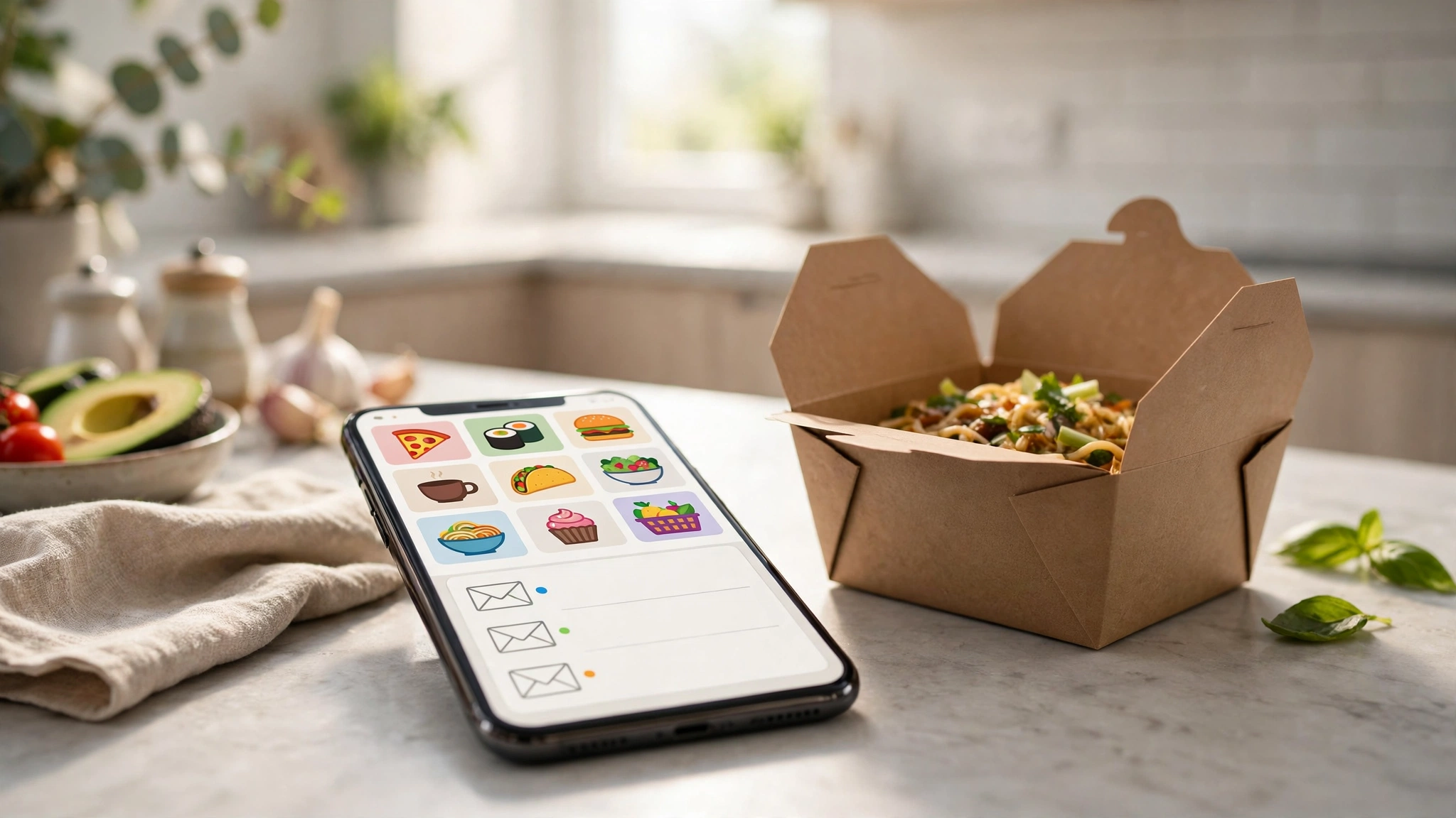 A phone showing food delivery apps and a simple inbox beside a takeout box on a kitchen counter