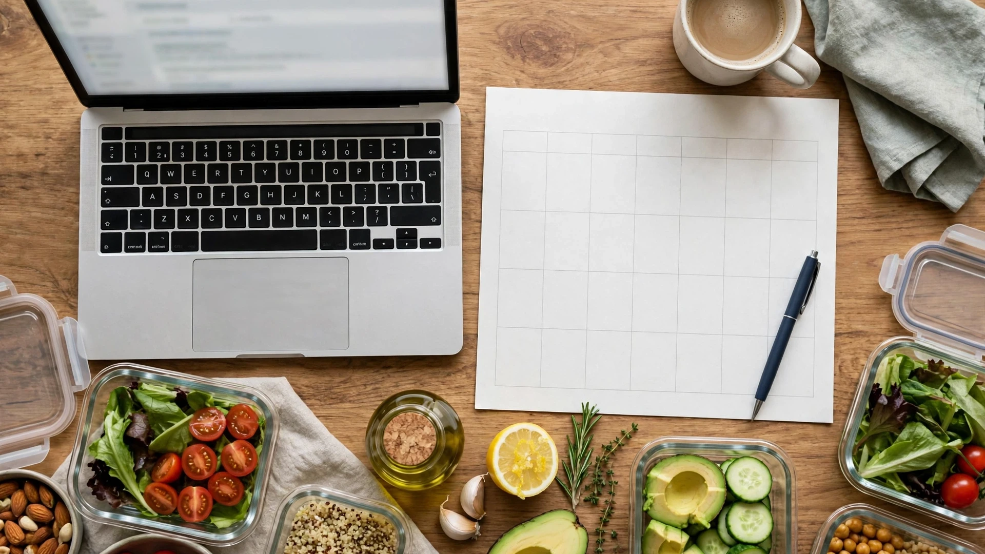 A weekly meal planning desk with a laptop showing an inbox, a paper calendar, and meal prep containers