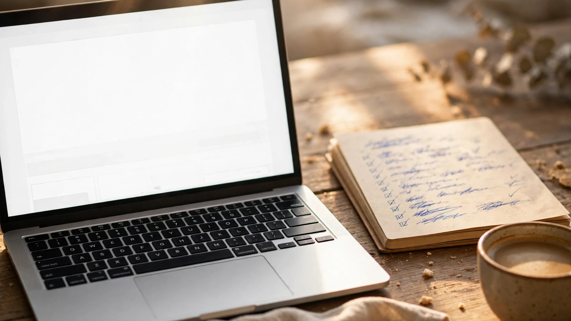 A laptop showing a blank car-rental search beside a notebook and coffee on a kitchen table