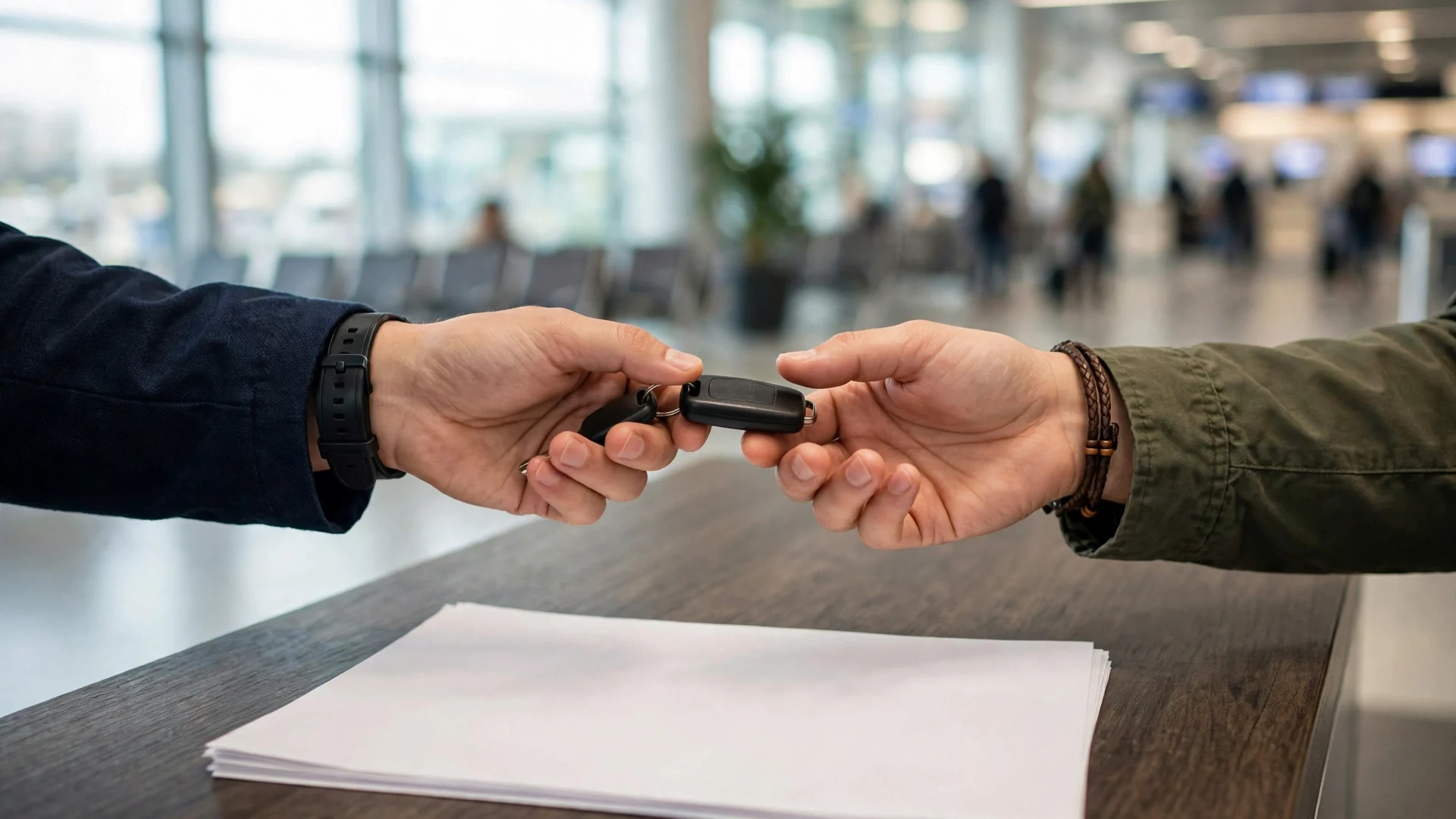A rental agent passing a key fob across the counter to a traveler beside blank paperwork