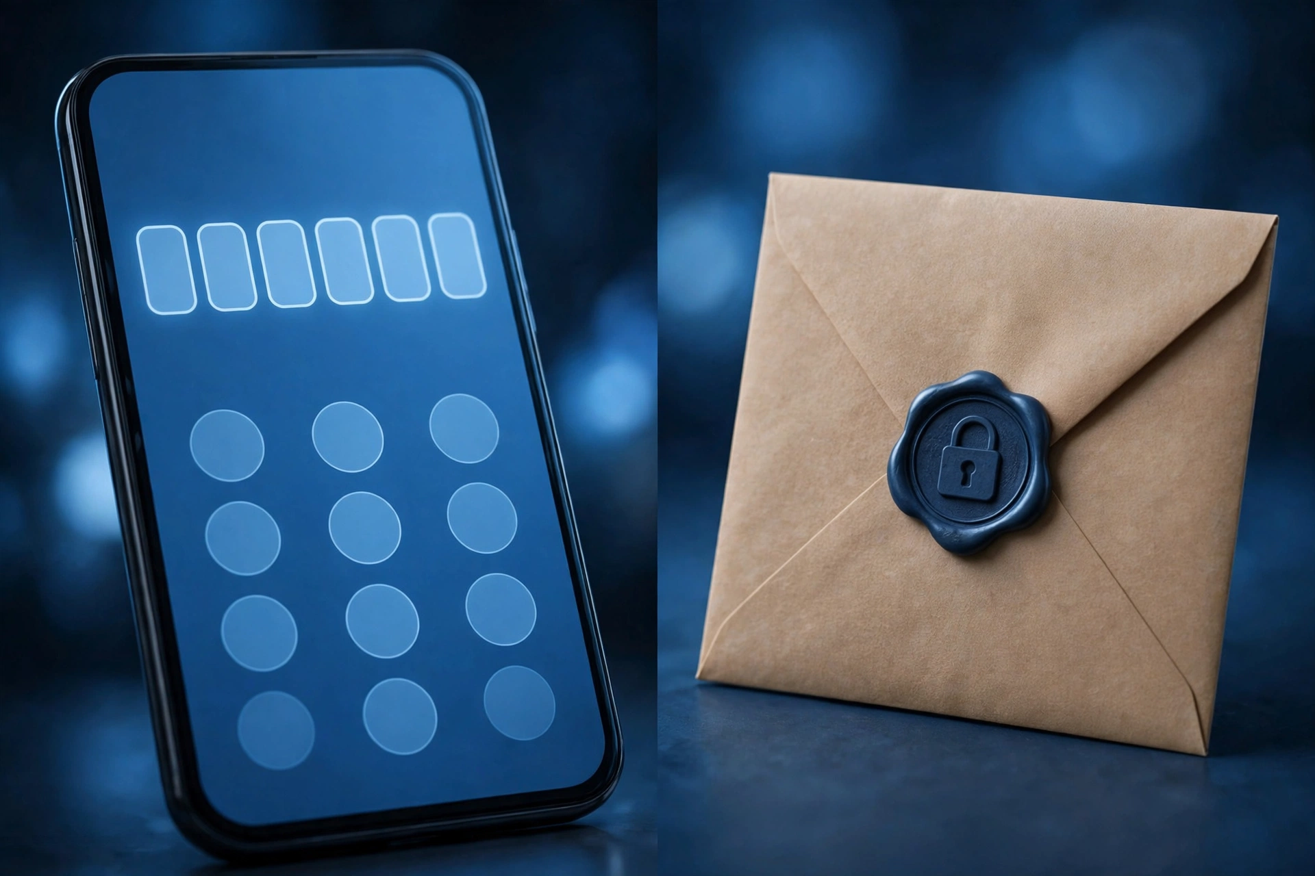 A phone requesting an SMS verification code next to a locked email inbox