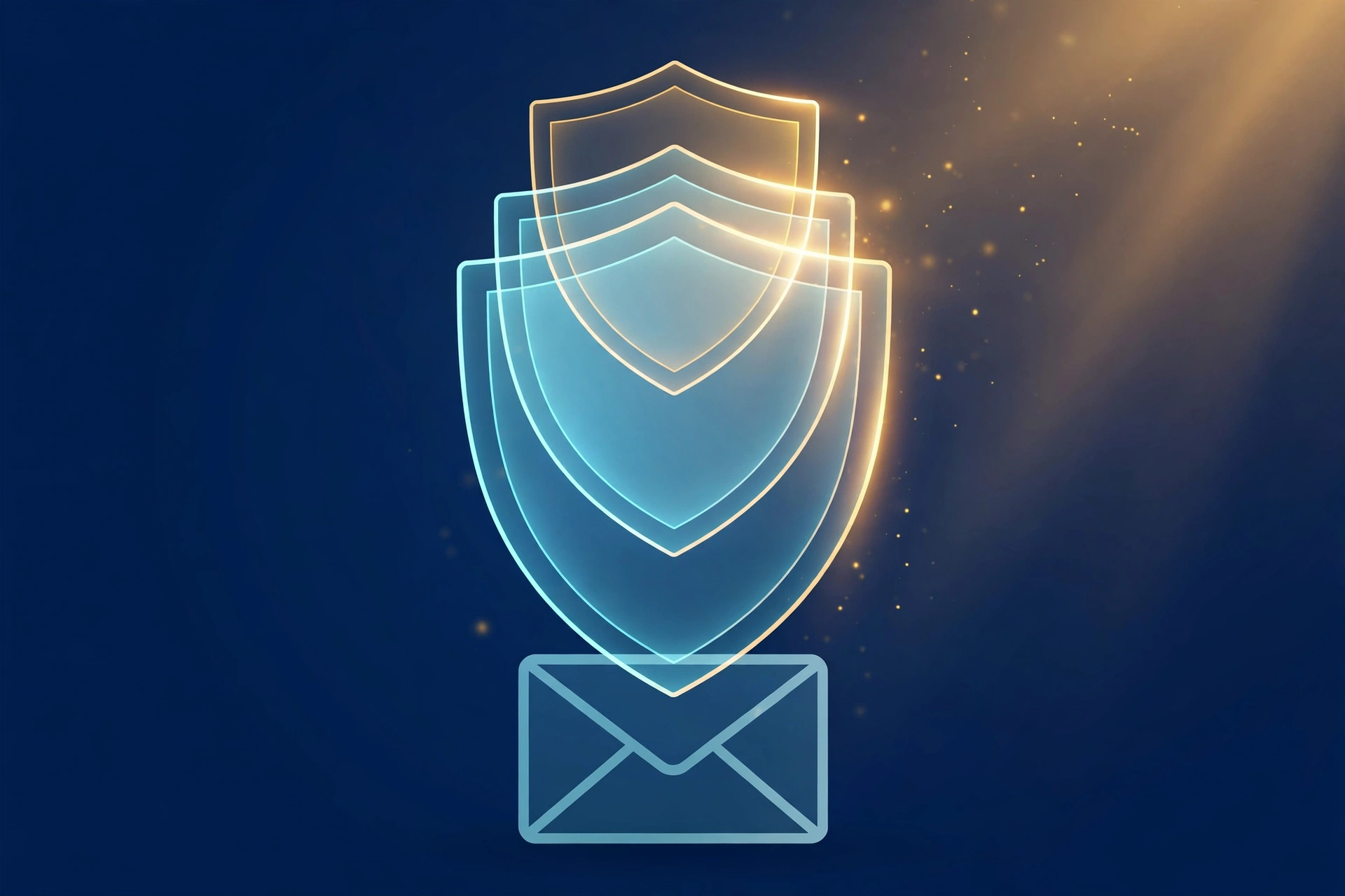 Three stacked privacy shields over an email envelope, representing layered email privacy
