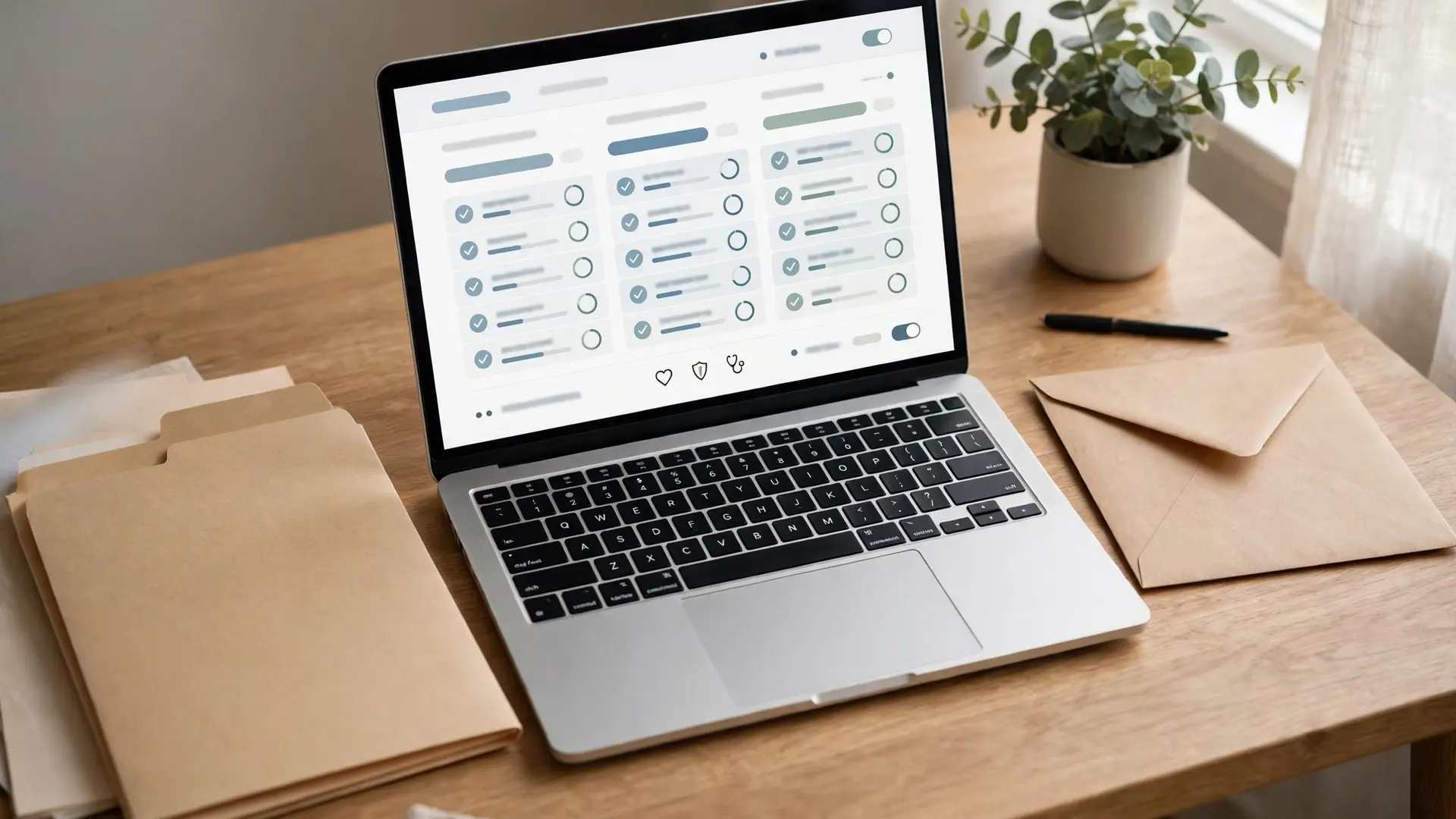 A tidy desk with a paper folder, a laptop showing plan comparisons, and a sealed envelope