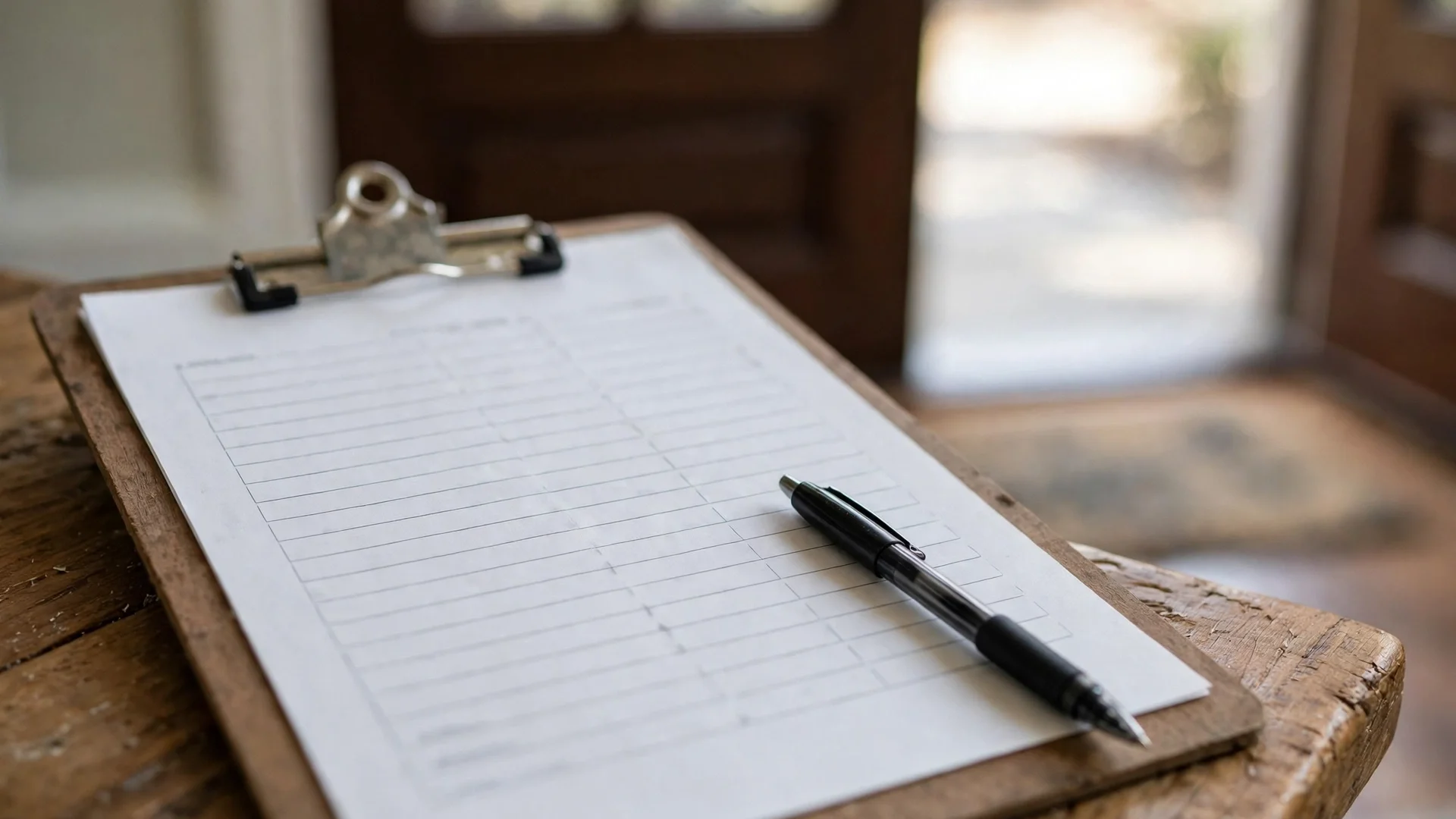 A blank open-house sign-in sheet on a clipboard with a pen on a wooden entry table