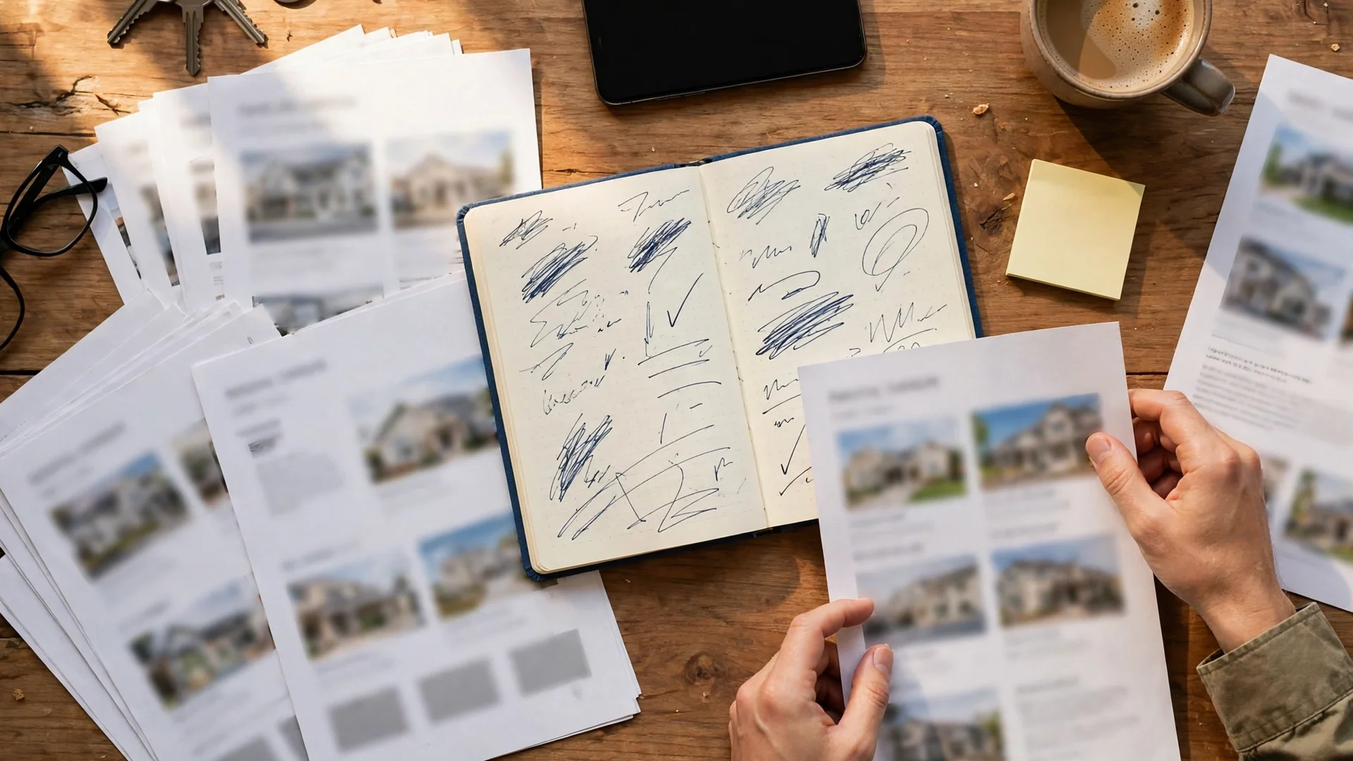 A home buyer comparing printed house listings and notes on a kitchen table with a phone face-down