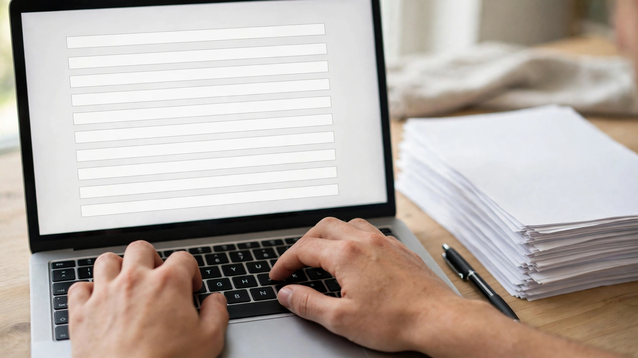 Hands typing on a laptop at a generic job application form beside a stack of printed job listings