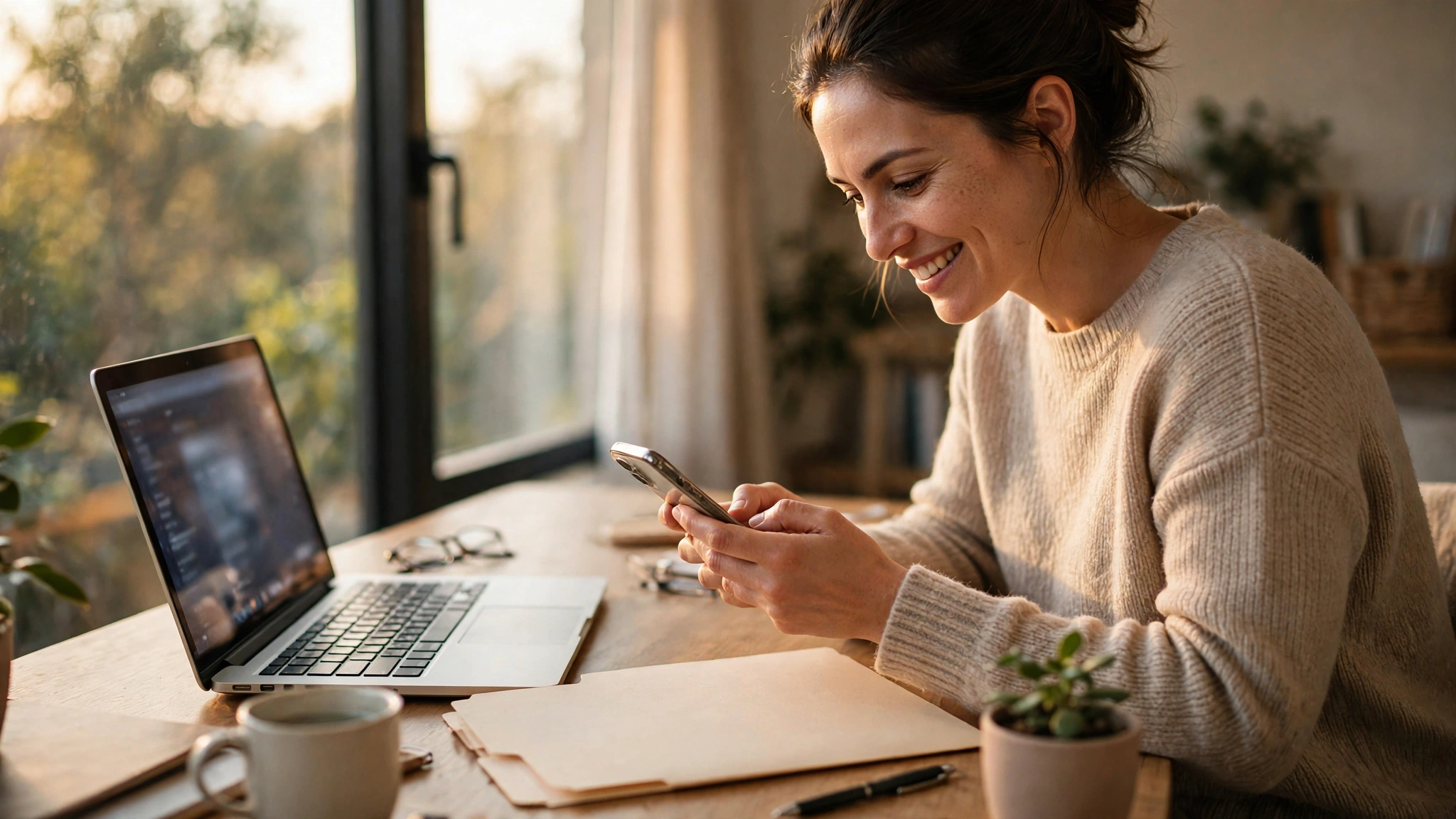 A person at a tidy desk reading a phone with a pleased expression, a laptop and a blank document folder nearby