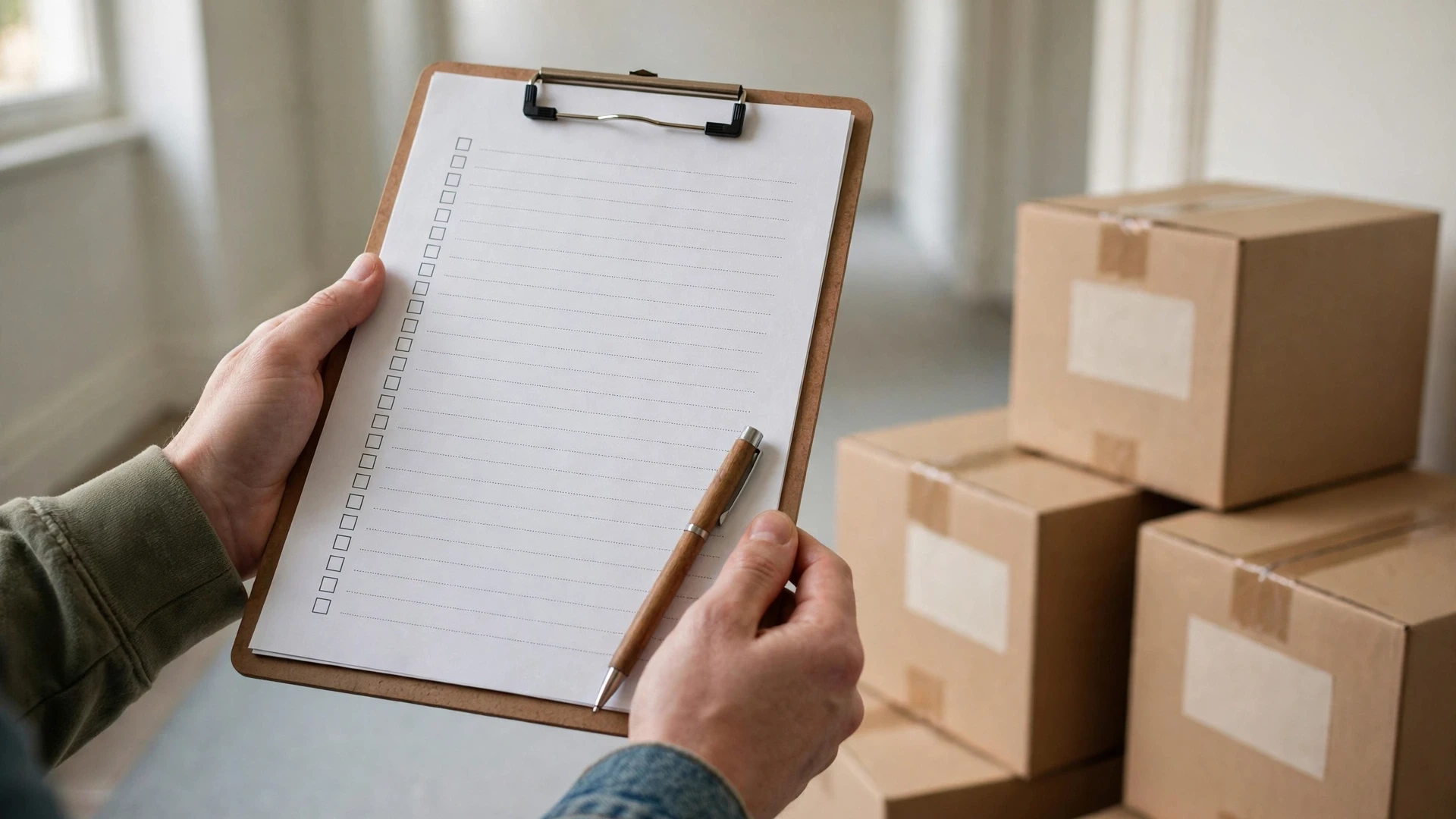 Hands holding a blank moving inventory checklist beside cardboard boxes in a hallway