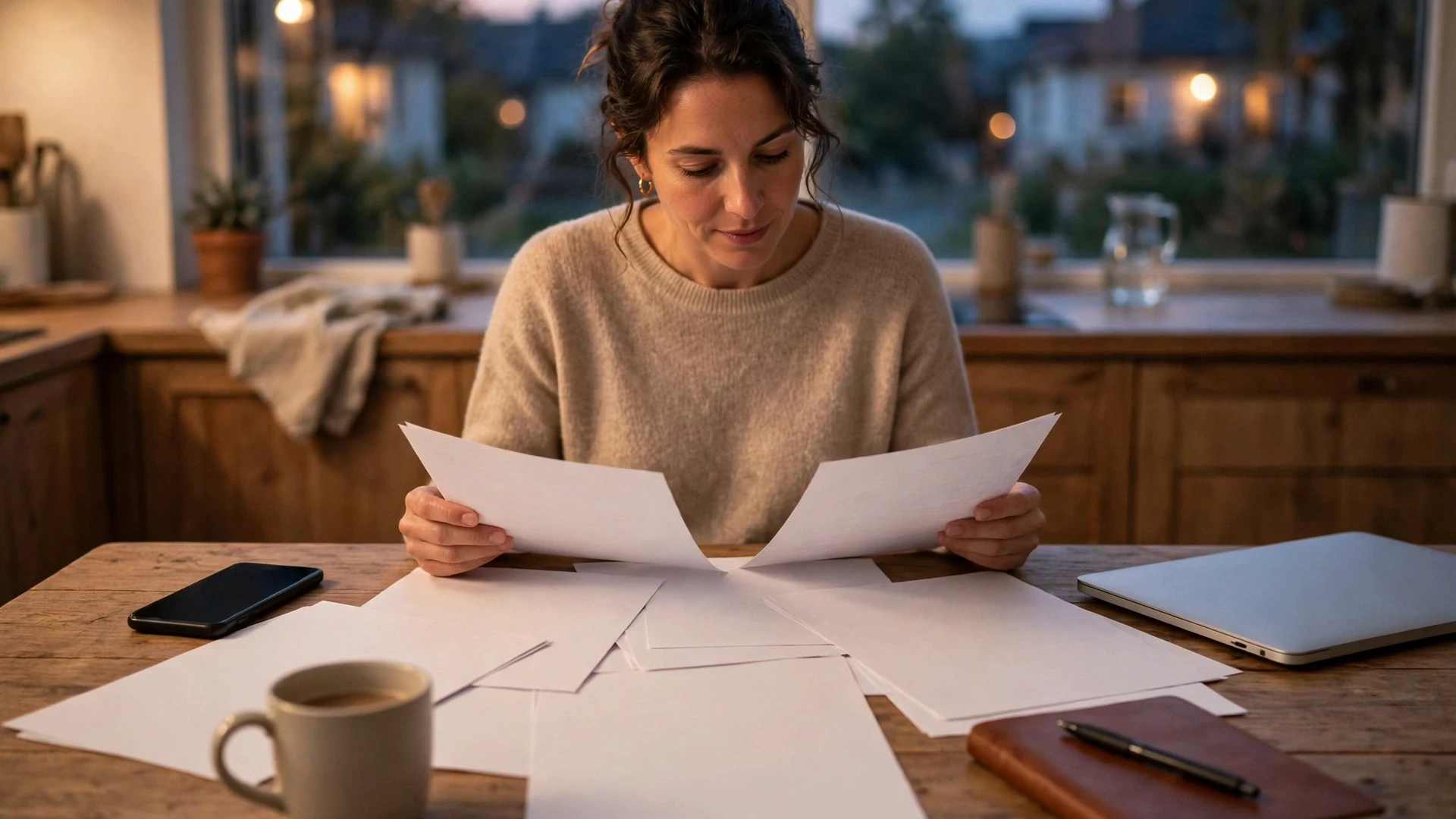 A person at a kitchen table comparing printed moving estimate sheets, with a phone placed face-down beside the papers
