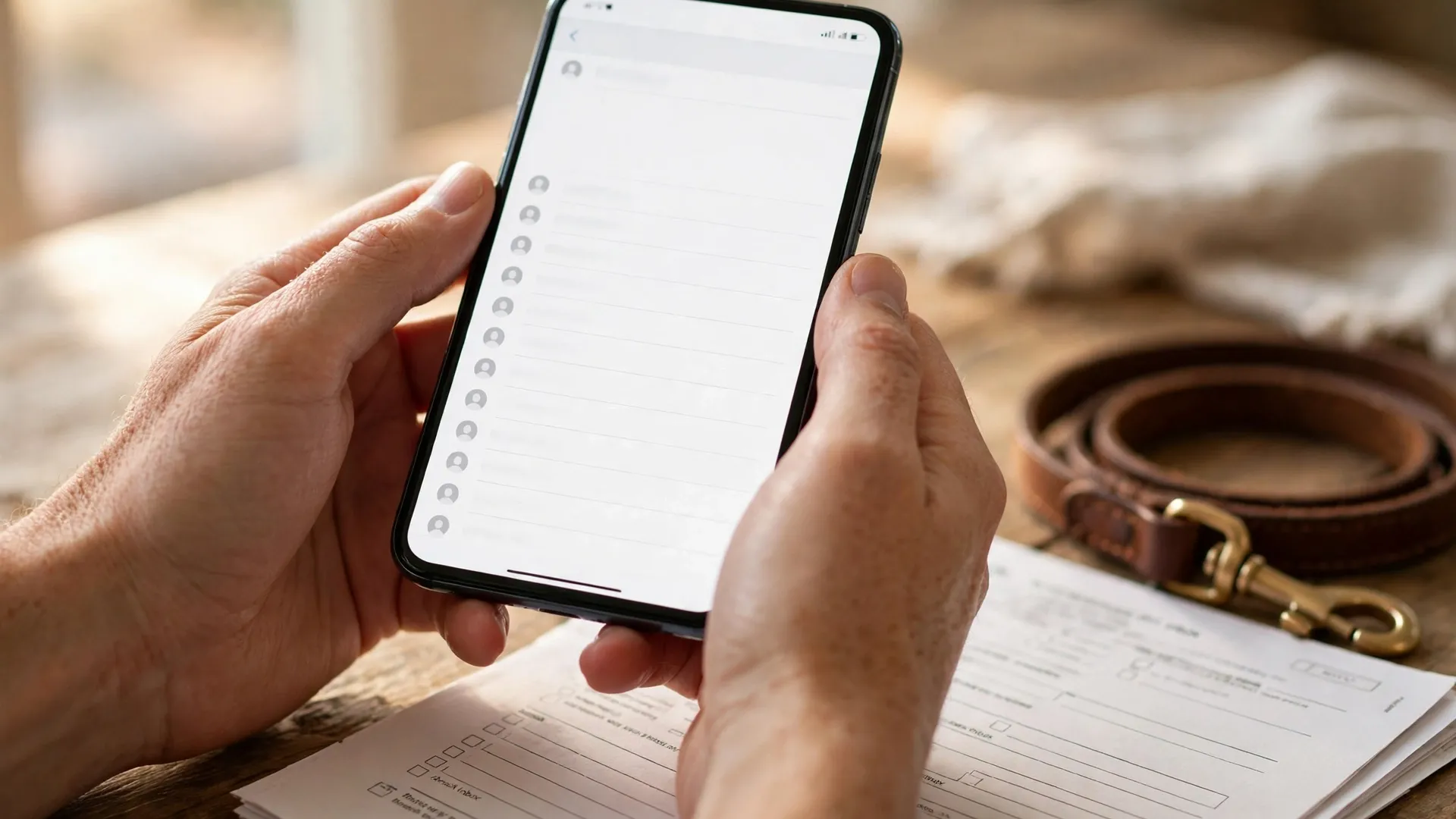 Hands holding a phone above adoption paperwork and a dog leash on a wooden table