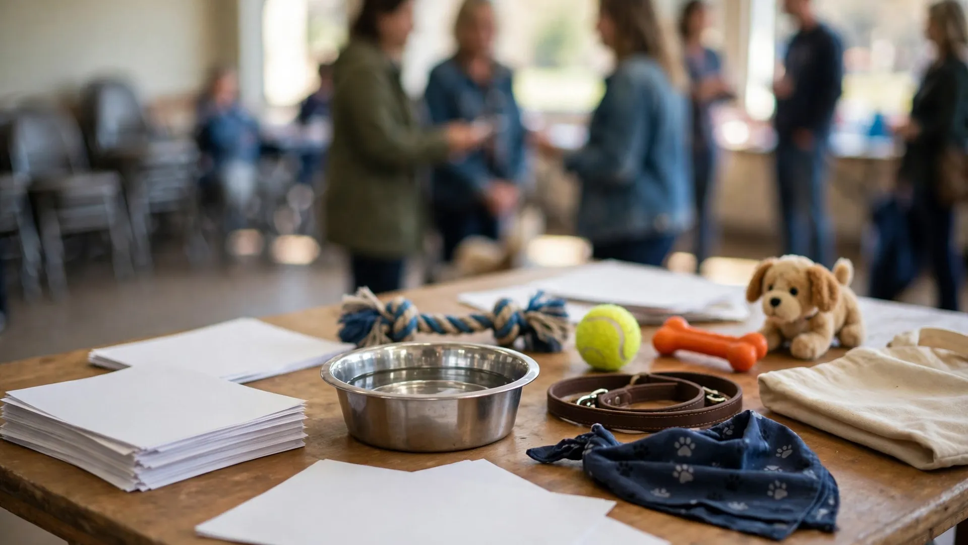 An animal shelter adoption event table with flyers, a water bowl, and dog toys in a community hall