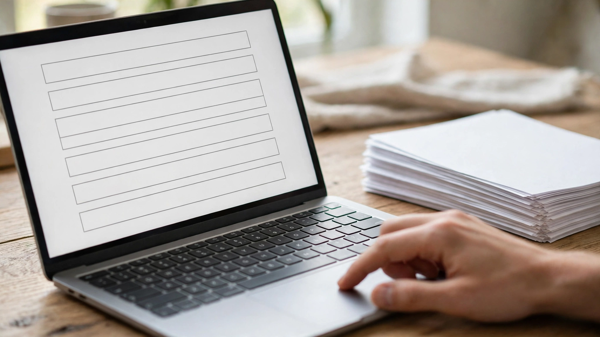 A hand on a laptop trackpad beside a blank petition form on screen and a stack of printed letters.