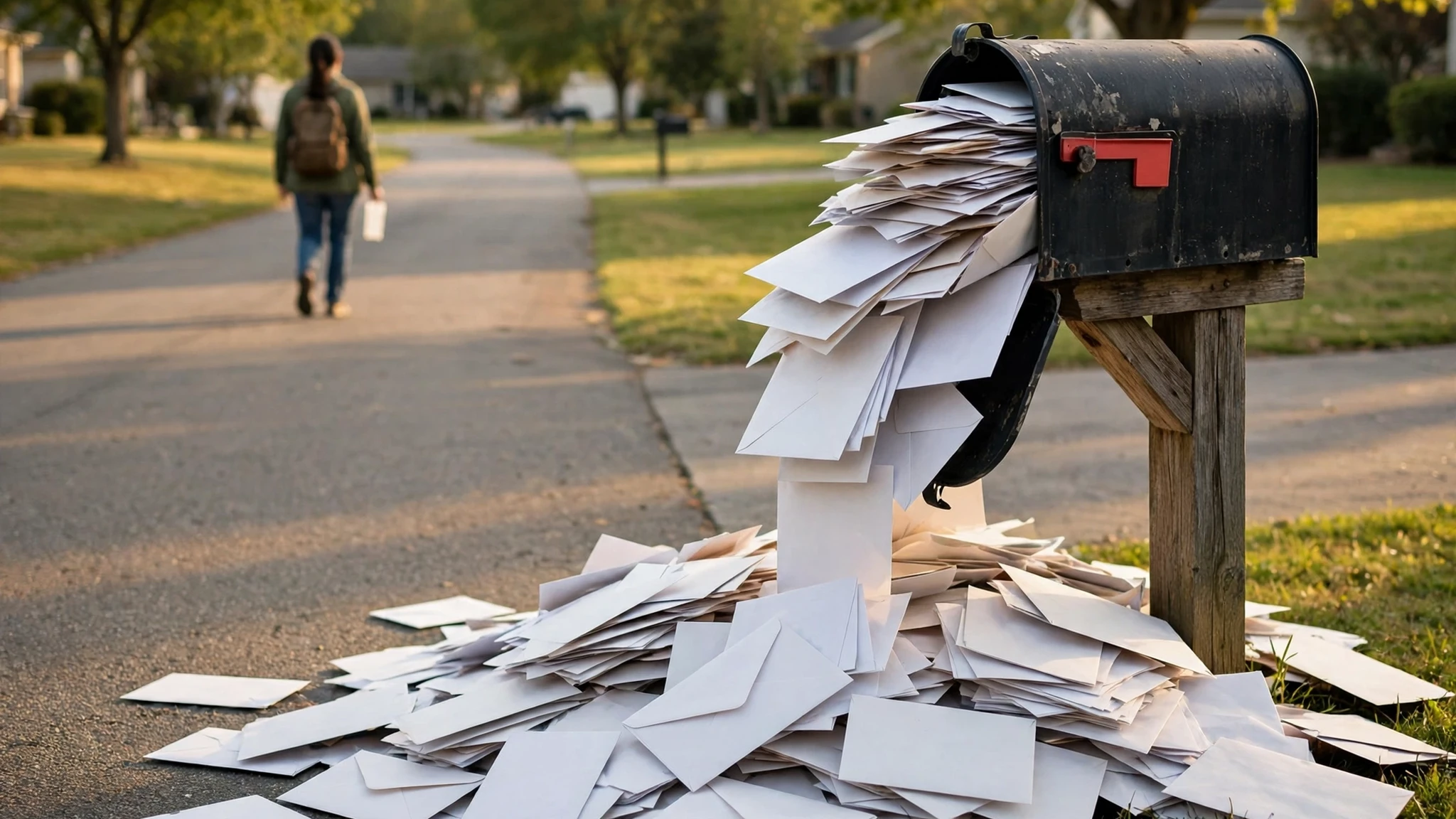 A mailbox overflowing with letters and flyers while a person walks away carrying a single envelope.