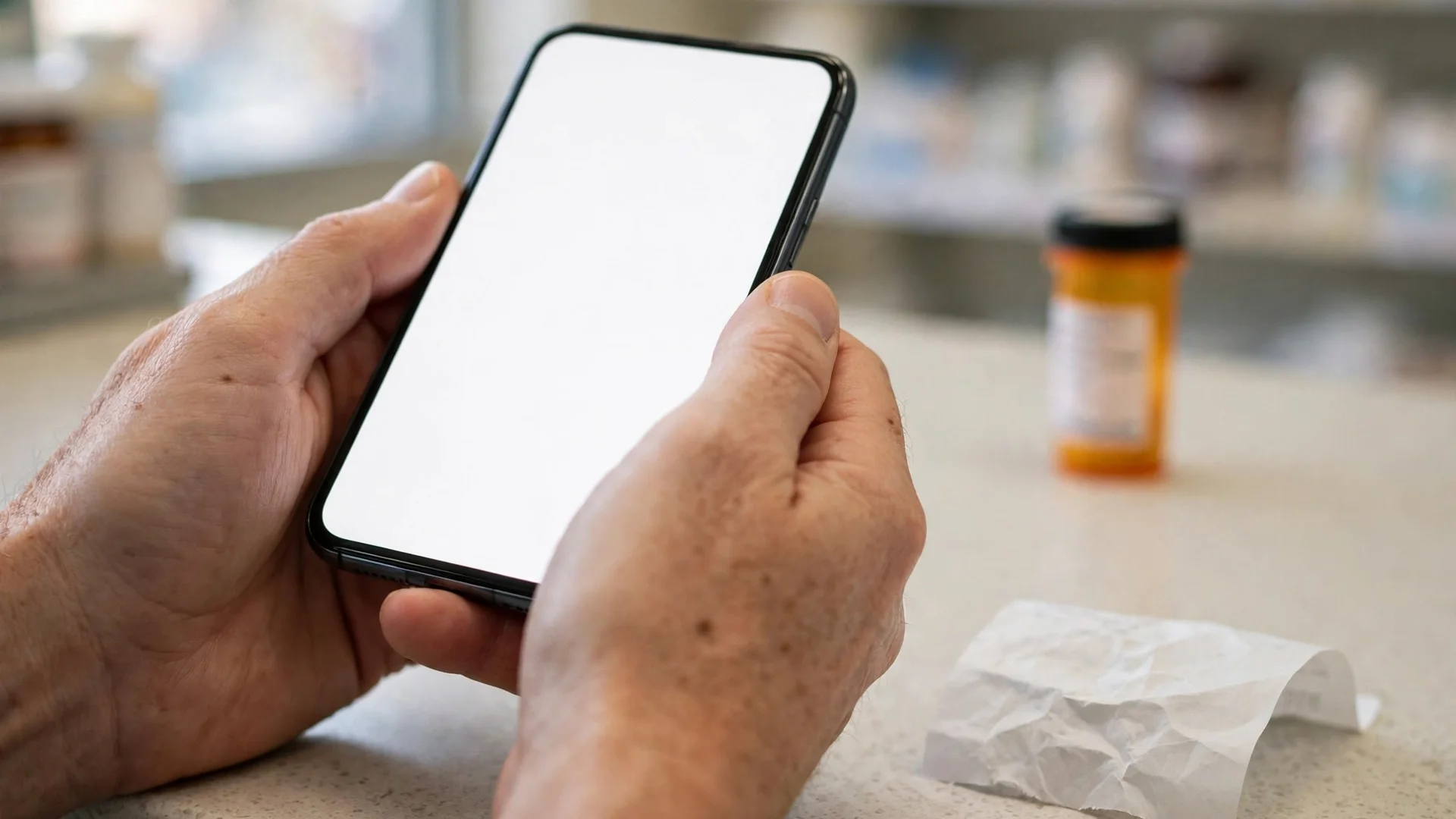 Hands holding a phone above a pharmacy counter next to a receipt, with a prescription bottle blurred behind