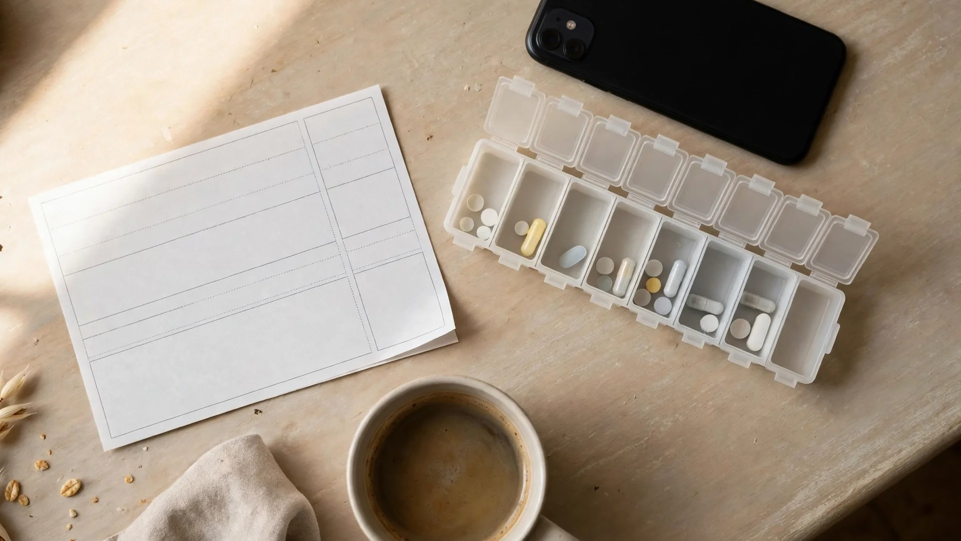 A phone face-down beside a weekly pill organizer and a blank coupon sheet on a kitchen table