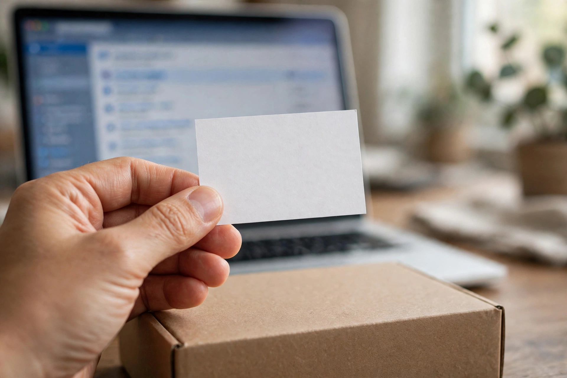 A hand holding a blank warranty registration card over a product box